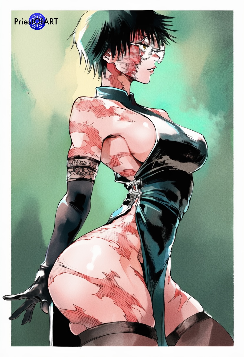 1girls, ai generated, ass, athletic, athletic female, big ass, burn scar, color, dress, elbow gloves, female, female only, from side, glasses, green background, green dress, green hair, huge ass, jujutsu kaisen, muscular, narrow waist, priestofart, short hair, simple background, solo, solo female, stockings, tagme, tagme (artist), tagme (character), thick thighs, watercolour (artwork), watermark, white border, wide hips, yellow eyes, zenin maki