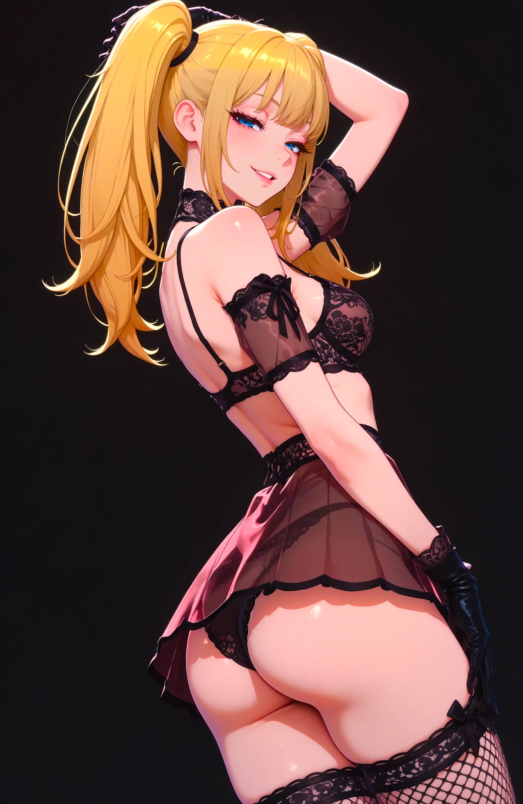 ai, ai generated, ani (twitter), ass, ass focus, blonde hair, blue eyes, female, grok (x), hands behind head, lingerie, panties, perfect ass, twintails, underwear