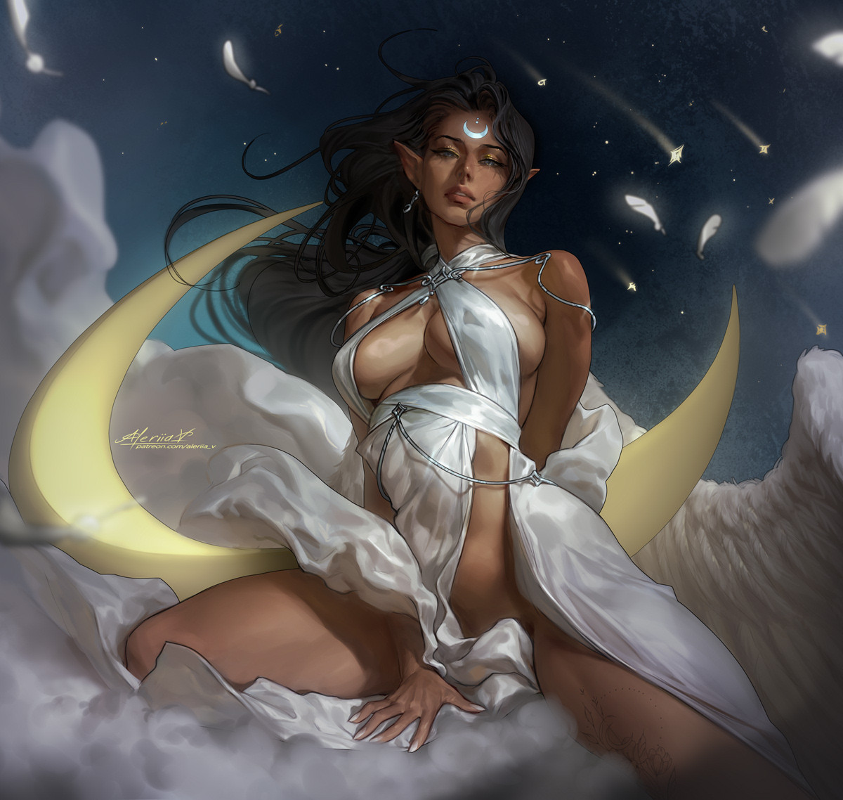 1girls, aleriia v, breedable hips, brown skin, brown-skinned female, child bearing hips, clouds, dark hair, dark skin, dark-skinned female, elf, facial mark, feathers, female, grey eyes, ithilrin starfall, jewelry, lerapi, lord of the rings, lord of the rings online, moon, moon tattoo, original, original character, tattoo, wings