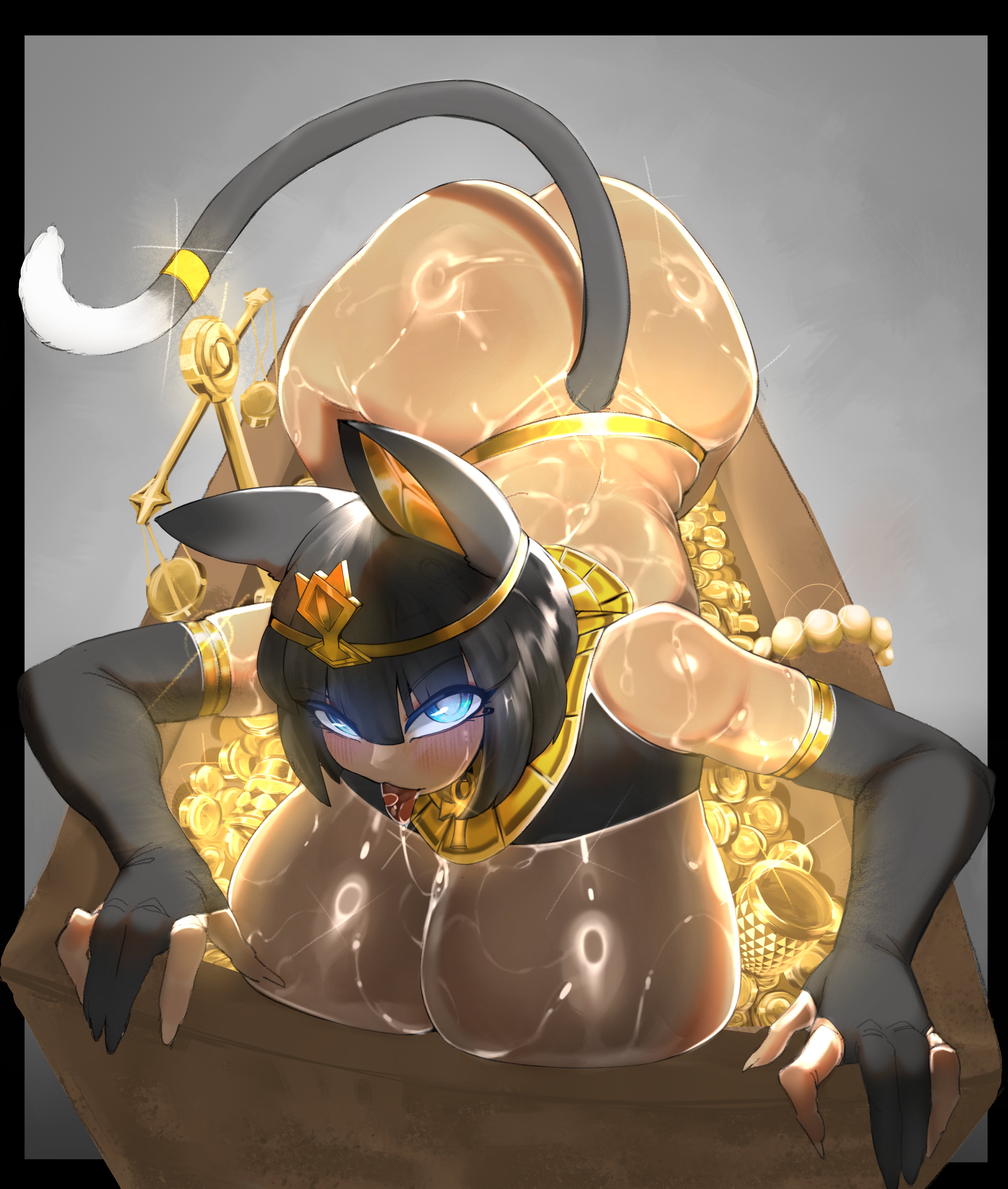 1girls, 2025, ass, big ass, big breasts, black ears, black fur, black hair, black sleeves, black tail, blue eyes, breasts, breasts out, cat ears, cat girl, cat tail, catgirl, choday, coffin, dark skin, dark-skinned female, egyptian, egyptian clothing, egyptian female, egyptian mythology, elbow gloves, female, fingerless elbow gloves, fingerless sleeves, gold, gold (metal), gold jewelry, long fingernails, long nails, looking at viewer, necklace, neckwear, sharp nails, sleeves, solo, solo female, sweat, sweaty, sweaty ass, sweaty body, sweaty breasts, sweaty butt, tail accessory, tail jewelry, tail motion, tiara, treasure, waist belt, waist chain, white tail tip