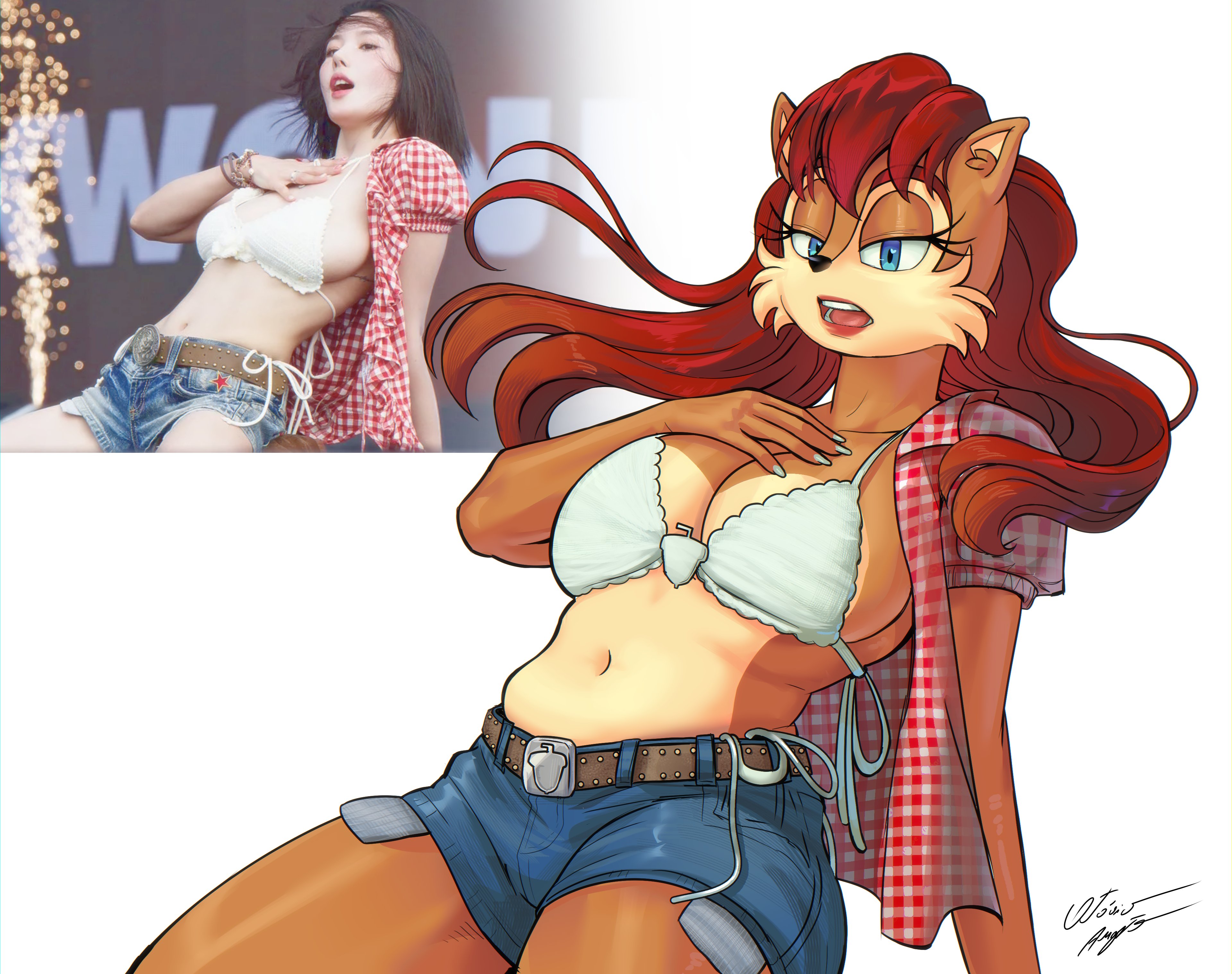 1girls, anthro, artist signature, azul35art, big breasts, bikini top, blue eyes, breasts, brown fur, busty, chipmunk girl, cosplay, denim, denim shorts, female, female only, gingham, hand on breast, huge breasts, jean shorts, kwon eun-bi, kwon eun-bi (cosplay), large breasts, open shirt, real person, red hair, reference image, sally acorn, shorts, sonic (series), sonic the hedgehog (series), waterbomb