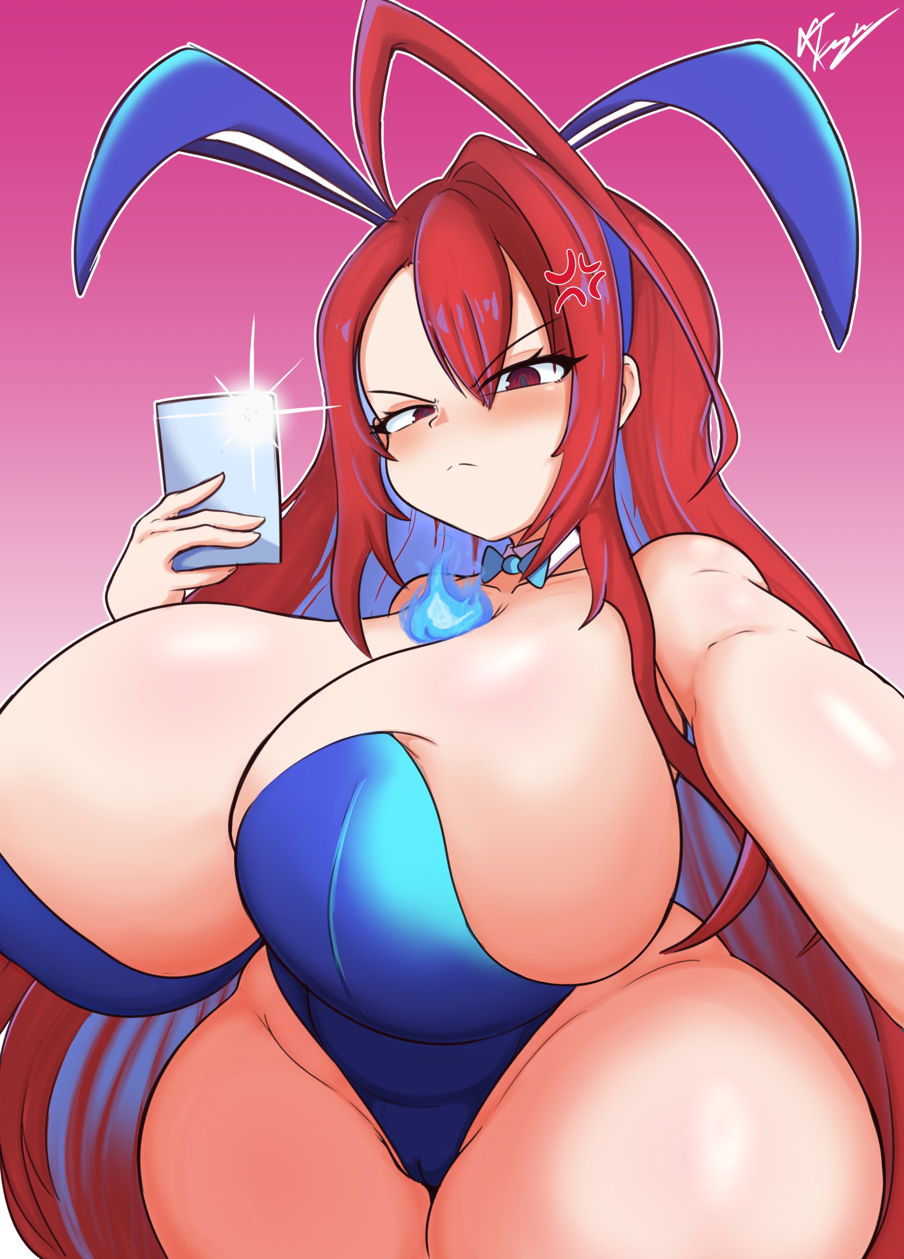1girls, anger vein, angry face, breasts, bunny costume, bunnysuit, elizabeth rose bloodflame, female, hololive, hololive english, hololive english -justice-, huge breasts, hyper breasts, multicolored hair, red eyes, red hair, selfie, thick thighs, virtual youtuber, vtuber, xt ecchi