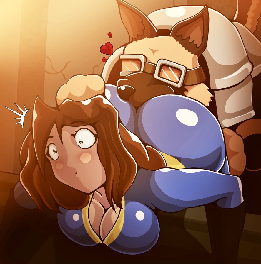 2d, all fours, ass, big ass, breasts, brown body, brown hair, brown skin, bubble butt, canid, canine, canine on human, canis, cleavage, clothed, clothing, cunnilingus, cunnilingus through clothes, curvy, curvy figure, doggy style, dogmeat, domestic dog, fallout, fallout (series), female, female on feral, femsub, feral, feral on female, feral on human, german shepherd, heart, human female, human on feral, large ass, licking, licking pussy, male, mascara, medium breasts, pussy, restrained, round ass, saittamicus, shocked, shocked expression, tan, tan body, tan skin, tanned, thick thighs, thighs, thunder thighs, wide eyed, wide hips, zoophilia