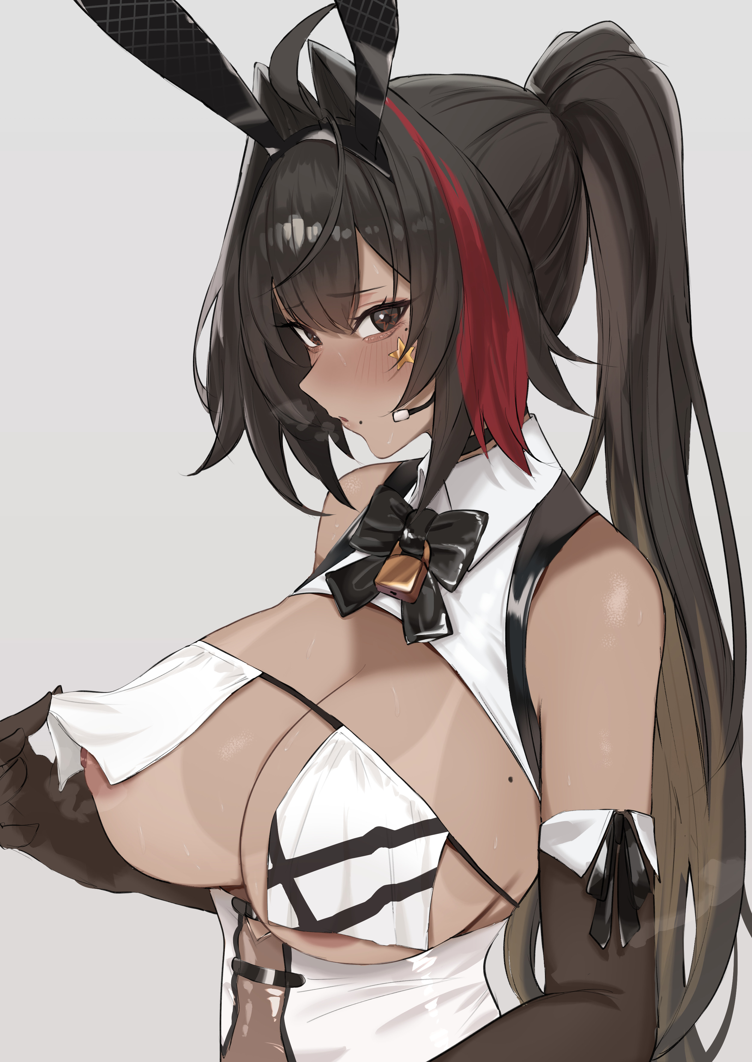 absurdres, animal ears, bay (nikke), bay (radiant rabbit) (nikke), breast curtains, breasts, brown hair, commentary request, dark skin, dark-skinned female, dera self, fake animal ears, female, goddess of victory: nikke, grey background, highres, long hair, looking at viewer, mole, mole on breast, mole under eye, multicolored hair, nipples, official alternate costume, playboy bunny, ponytail, rabbit ears, red hair, simple background, solo, star (symbol), star sticker, sticker, streaked hair, tan, tanline, upper body
