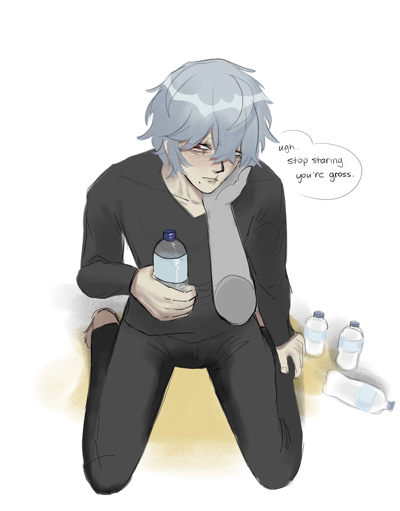 1boy, blue hair, blush, boku no hero academia, humiliation, kneeling, male, my hero academia, omorashi, peeing, peeing self, pov, red eyes, shigaraki tomura, tomura shigaraki, wetting