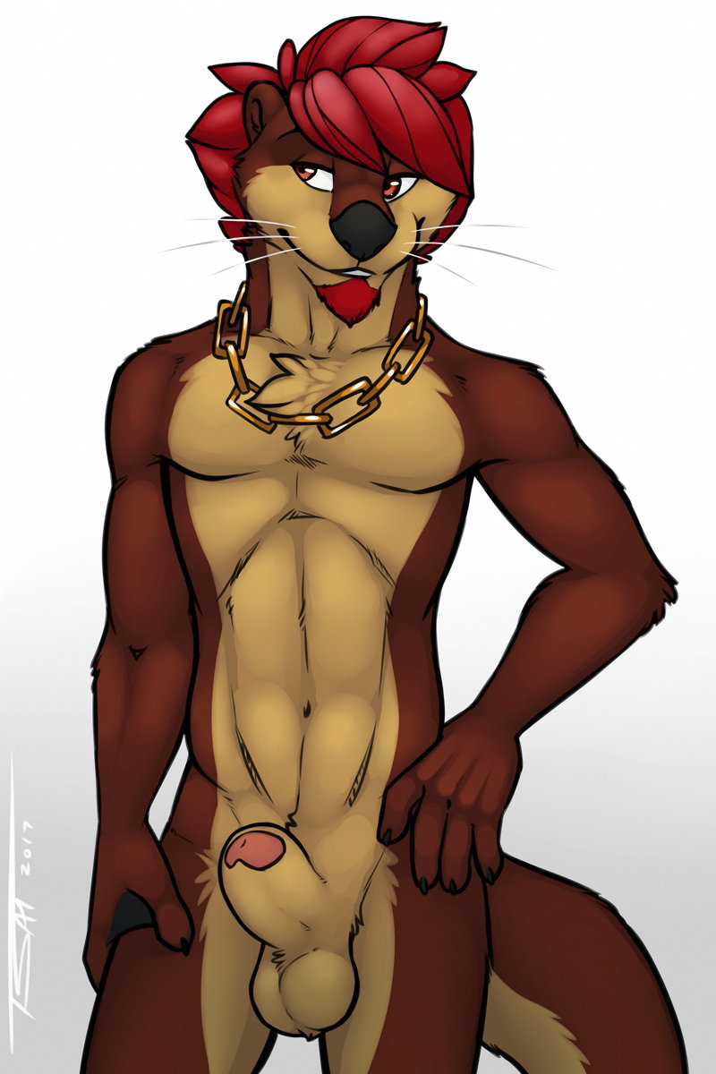 2017 5_fingers anthro athletic balls beard beige_penis biped black_claws black_nose brown_fur brown_tail bulge chest_tuft claws countershade_tail countershade_torso countershading erection facial_hair fory front_view fur goatee gold_(metal) gold_chain gradient_background hair hand_on_hip hi_res humanoid_penis jewelry male male_only mammal multicolored_fur multicolored_tail mustelid navel necklace nude otter penis portrait red_eyes red_hair short_hair signature simple_background smile solo standing tan_balls tan_countershading tan_fur tan_tail thick_tail three-quarter_portrait tsaiwolf tuft two_tone_fur two_tone_tail uncut webbed_hands whiskers