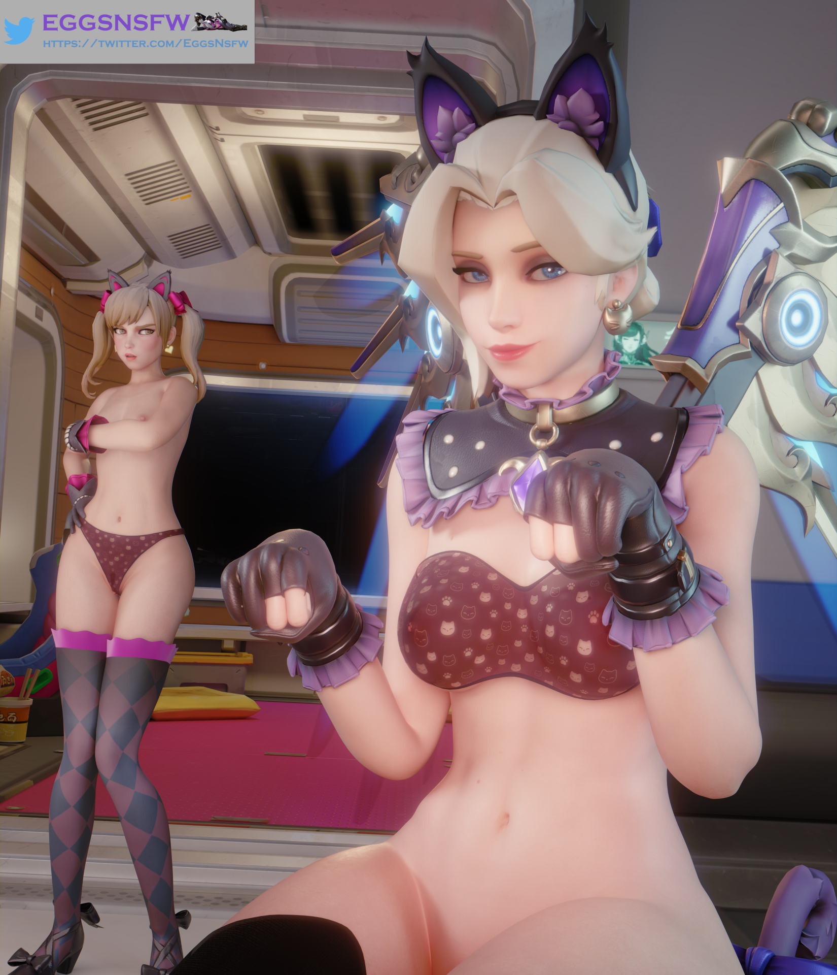 2girls, 3d, angela ziegler, annoyed, annoyed expression, asian, asian female, belly, black cat d.va, black cat mercy, blonde hair, bra, cat ears, d.va, eggsnsfw, female, half naked, half-dressed, hana song, korean, light skin, light-skinned female, looking at viewer, mercy, overwatch, overwatch 2, seductive, seductive look, short hair