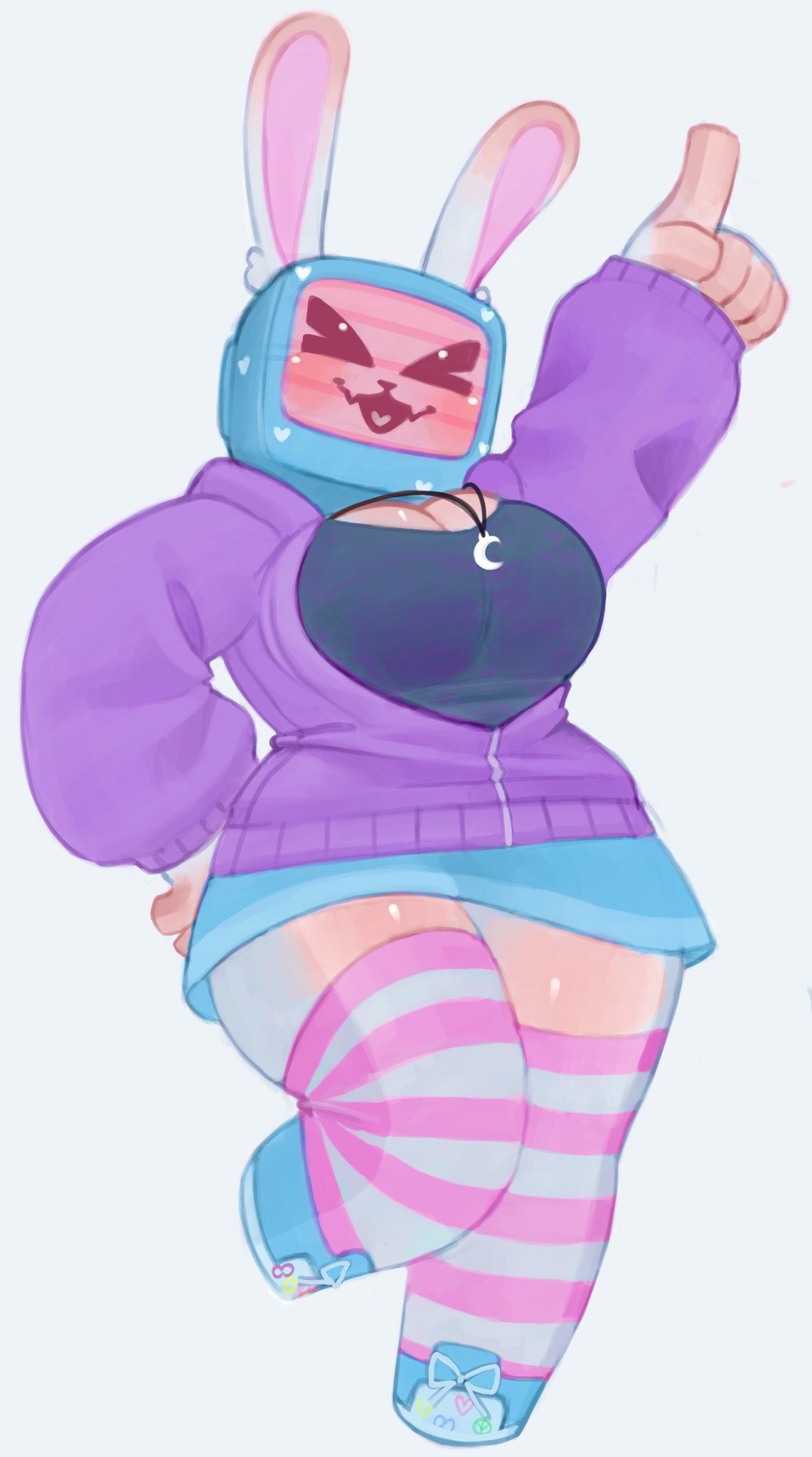 1girls, anthro, blue skirt, blush, breasts, bunny ears, bunny girl, cleavage, closed eyes, clothed, clothing, excited, female, hoodie, kewchiemcdouble, kookilooheavon, large breasts, melanie (regretevator), pinkbobatoo, purple sweater, pushing breasts out, regretevator, roblox, roblox game, robot anthro, shoes, skiddioop, skirt, stereodaddy, thigh highs, thighhighs, thighs, tv, tv head