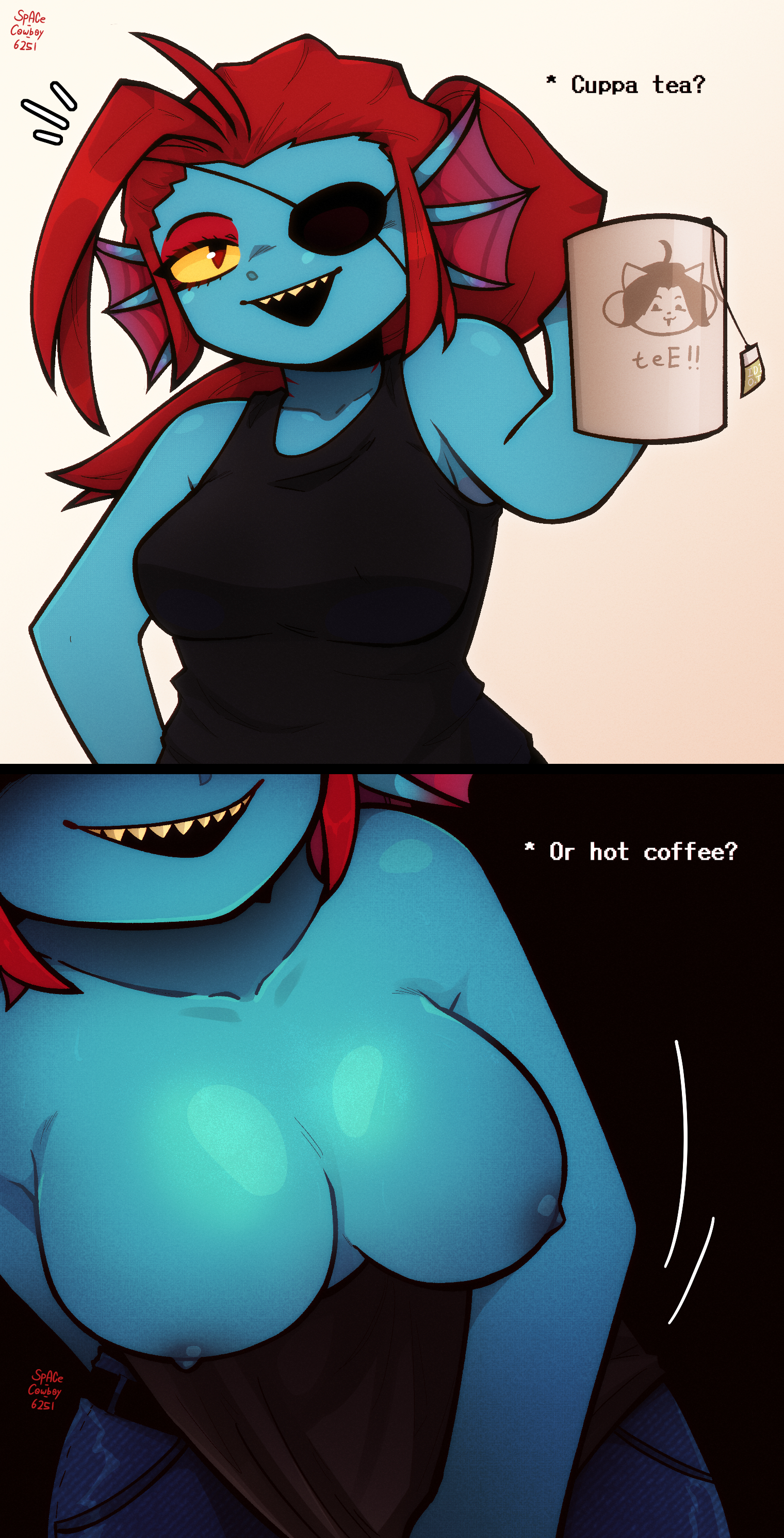 1girls, 2d, 2d (artwork), anthro, artist name, black background, blank background, blue skin, blue skinned female, blue-skinned female, breasts, breasts out, dialogue, eyepatch, female, fish ears, gills, looking at viewer, motion lines, mug, nipples, red hair female, red-haired female, sharp teeth, space-c0wb0y-6251, tagme, talking to viewer, tank top down, teabag, text, undertale, undyne, white background