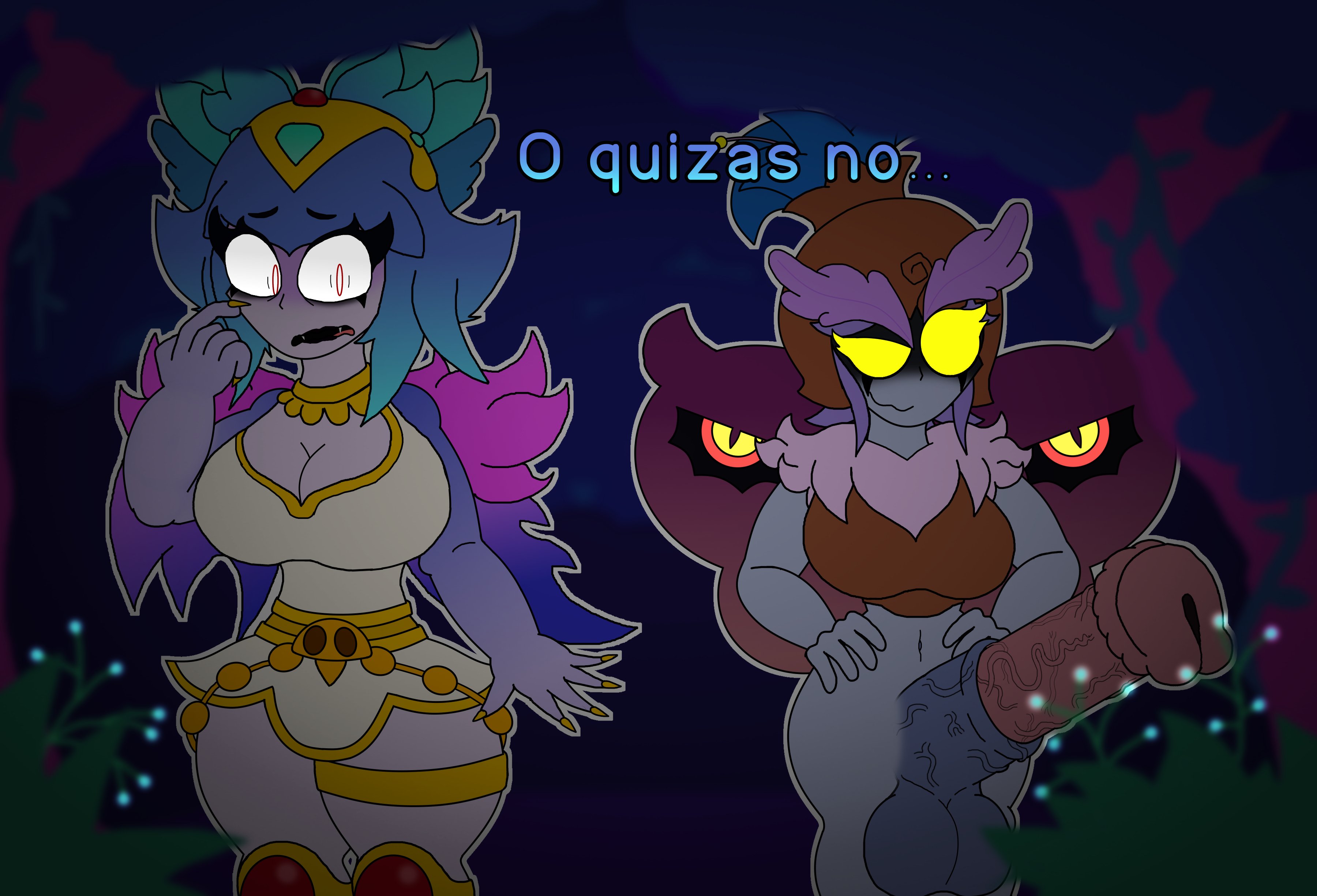 1futa, 1girls, before sex, big penis, black lipstick, blue hair, brawl stars, dark fairy janet (brawl stars), female, futa on female, futanari, harpy melodie (brawl stars), intersex, janet (brawl stars), lipstick, melodie (brawl stars), penis, red eyes, spanish text, submission by janet (brawl stars), text, topwear, verdoshonsfw, yellow eyes