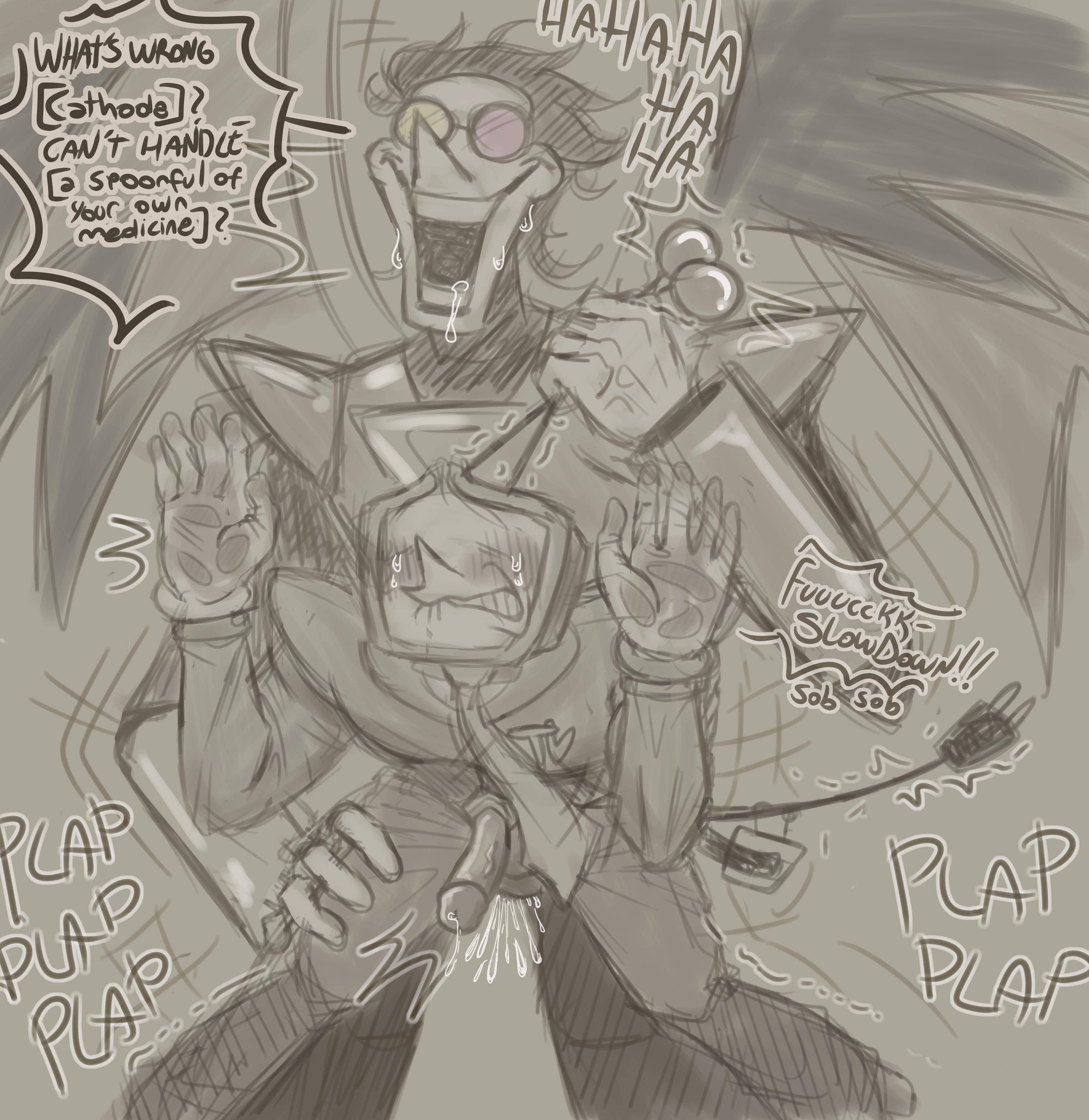 antennae (anatomy), antennae pull, crying, deltarune, drool, drooling, hard cock, letttusse, male, penis, rough anal, rough sex, spamtenna, spamton g spamton, spamton neo, tenna (deltarune), text, text bubble, tv head, wings
