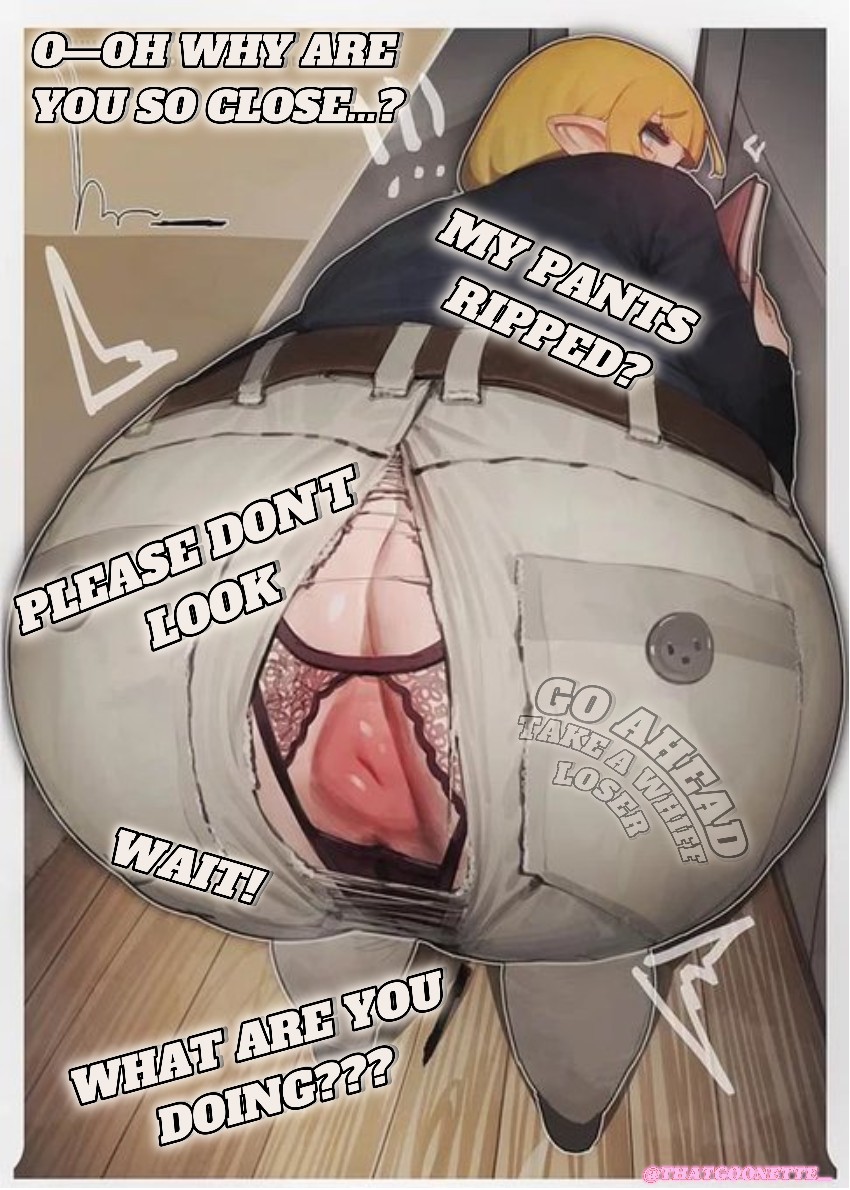 1girls, anus, anus focus, asshole, asshole opened wide, big ass, blonde female, blonde hair, blonde-haired female, caption, female, female only, looking back, loser, nose, nose to anus, pants, pants open, pantyhose, puffy anus, ripped clothing, ripped pants, sniffing, sniffing anus, sniffing ass, solo, thatgoonette, voyeur, voyeurism, working