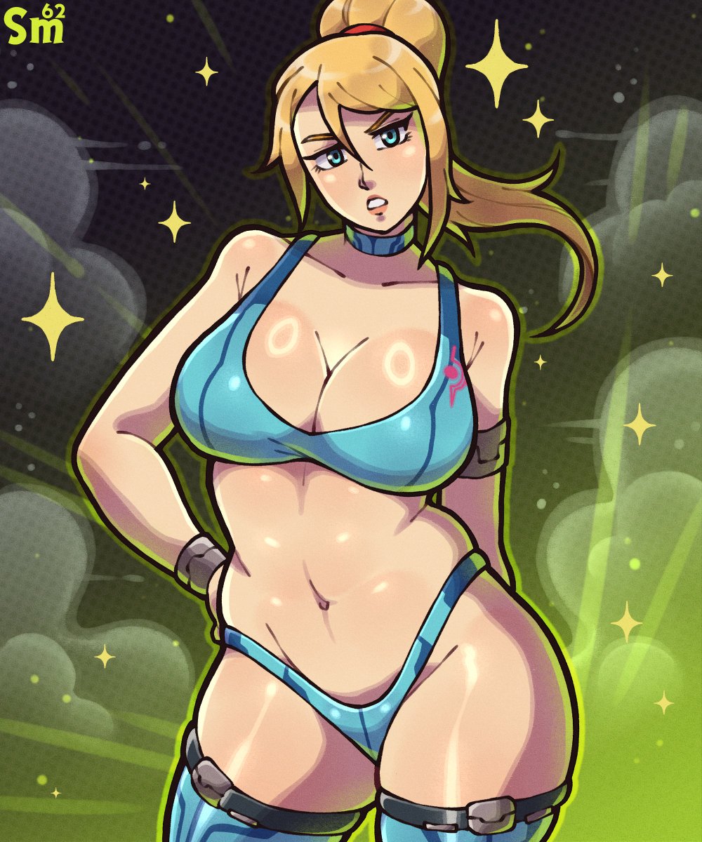 1girls, artist logo, big breasts, bikini, bikini bottom, bikini top, blond haie, blonde hair, blue eyes, breasts, busty, cleavage, curvy, eyelashes, female, female only, huge thighs, large breasts, light skin, light-skinned female, metroid, midriff, navel, nintendo, partially clothed, revealing clothes, samario, samus aran, solo, solo female, solo focus, tagme, thick, thick thighs, thigh highs, thighhighs, thighs, thong, wide hips