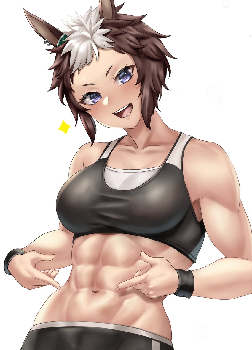 1girls, abs, animal ears, athletic female, bare chest, bare midriff, black clothing, blush, breasts, brown hair, defined muscles, ear ornament, eyebrows, female, gym clothes, gym shorts, horse ears, horse girl, looking at viewer, medium breasts, mejiro ryan (umamusume), muscles, muscular, navel, pierced ears, piercing, pointing, pointing at self, purple eyes, short eyebrows, short hair, shorts, smile, smiling, smiling at viewer, solo, sports bra, sports shorts, sportswear, star (symbol), stmoon, sweatband, tomboy, two-tone hair, umamusume, umamusume pretty derby, white background, white hair, white streak