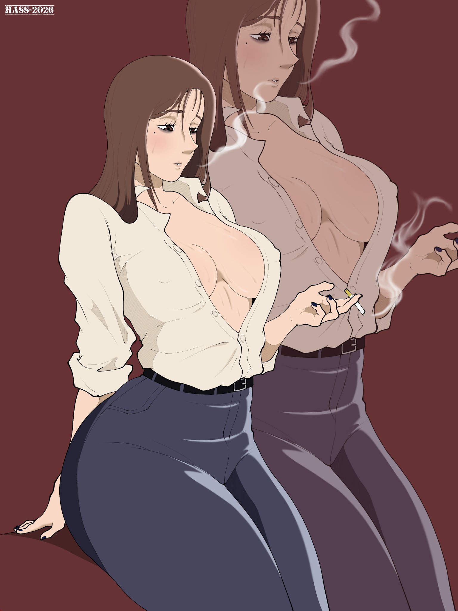 1girl, 1girls, belt, black belt, blush, breasts, brown hair, brown-haired female, cigarette, cleavage, female, female only, hassdr4w, jujutsu kaisen, large breasts, long hair, nail polish, no bra, open clothes, open shirt, shirt, shoko ieiri, skirt, smoking, thick thighs, thighs