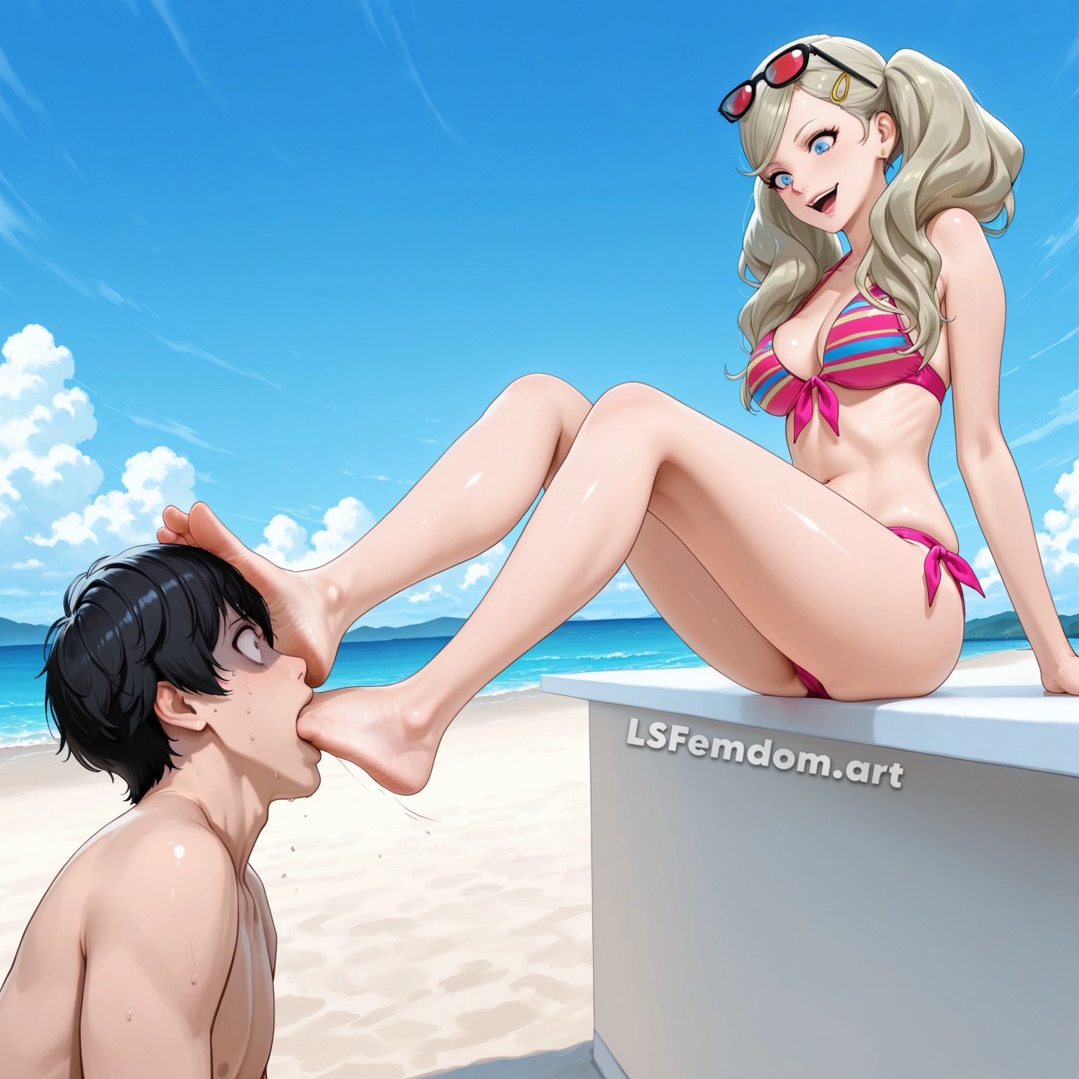 ai generated, ann takamaki, atlus, barefoot, beach, bullying, dominant female, feet fetish, feet sucking, feet worship, female, femdom, fetish, foot fetish, foot gag, foot gagging, foot lick, foot slave, foot suck, foot worship, forced, humiliation, lsfemdomart, male, mocking, outdoors, persona, persona 5, sega, smile, submissive male, sunglasses on head, swept bangs, swimsuit, twintails, white hair