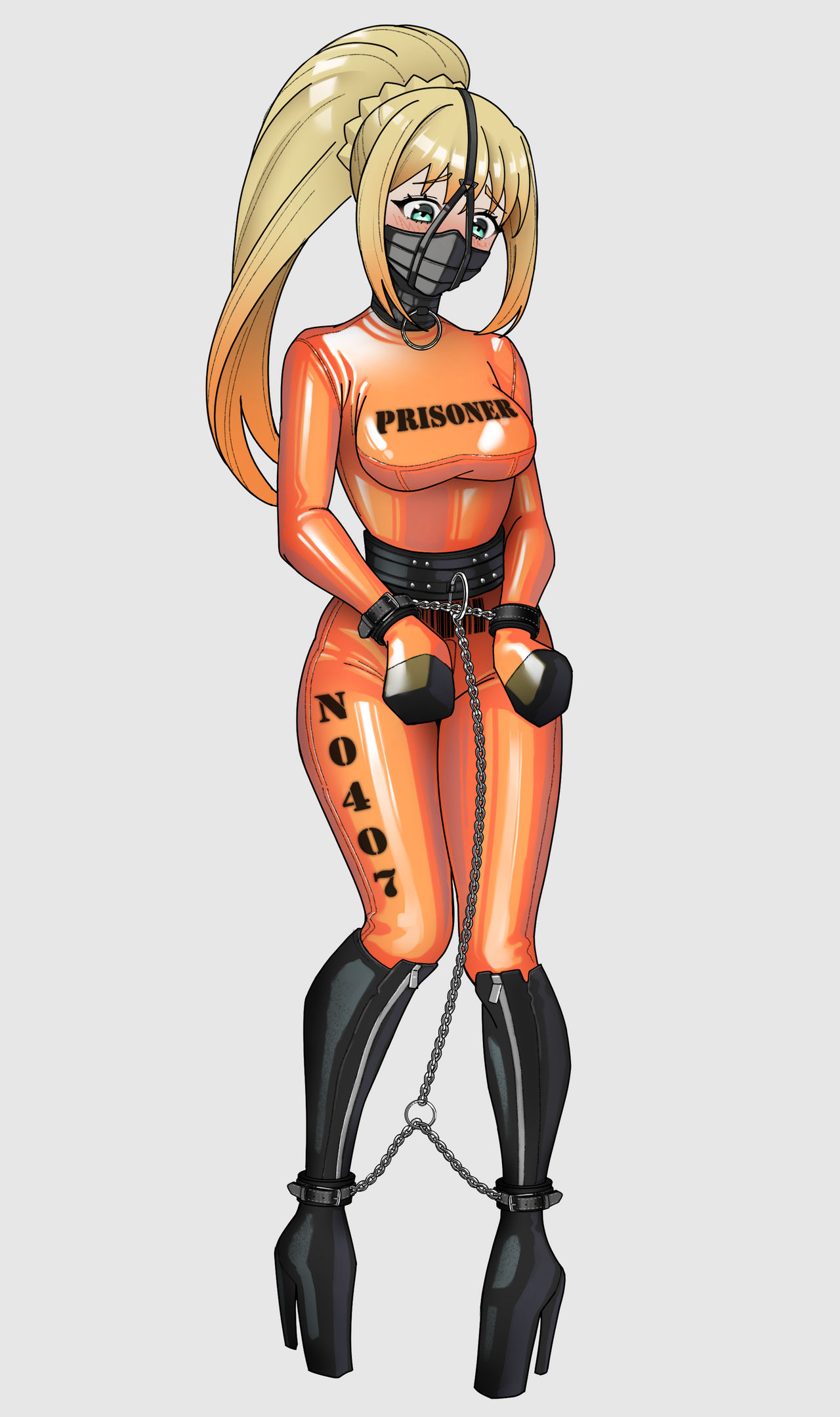 1girls, ballet boots, ballet heels, blonde hair, bondage, bondage mittens, boots, bound, bound hands, chains, cuff (restraint), darkness (konosuba), en17, face mask, facemask, female, female only, female prisoner, femsub, fully clothed, gag, gagged, high heels, inmate, knee boots, knee high boots, latex, latex clothing, mouth mask, orange clothing, prison clothes, prison uniform, prisoner, rubber, rubber clothing, shiny clothes, simple background, text, text on clothing, tight clothing, uniform, very high heels, white background, wrist cuffs