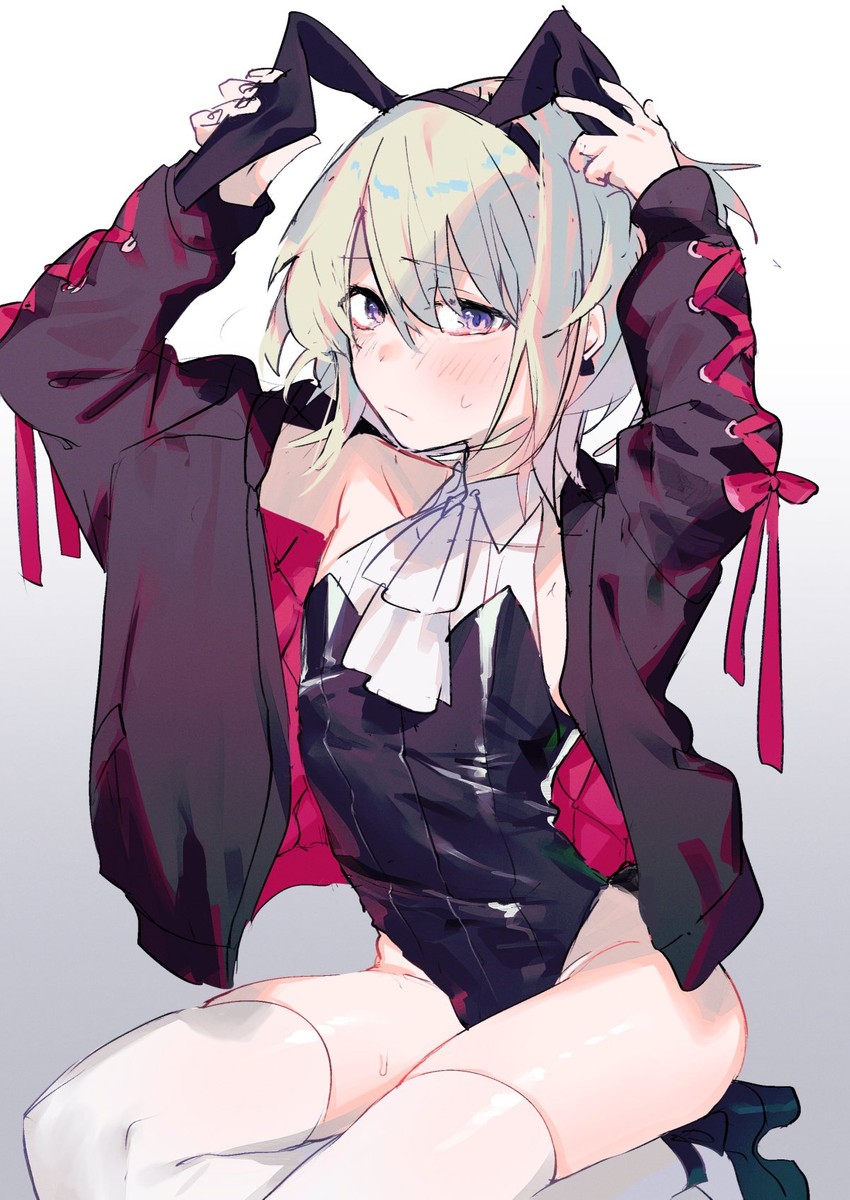 1boy, 2d, androgynous, bunny boy, bunny costume, bunny ears, bunnysuit, clothed, clothed male, clothing, color, crossdressing, embarrassed, embarrassed nude femboy, fake animal ears, femboy, femboy only, fully clothed, high heels, leotard, light skin, light-skinned femboy, light-skinned male, lio fotia, looking at viewer, male, male only, male playboy bunny, non-nude, on knees, petite, petite body, petite male, playboy bunny, promare, purple eyes, slim, slim male, slim waist, solo, stockings, tagme (artist), thighhighs, unknown artist