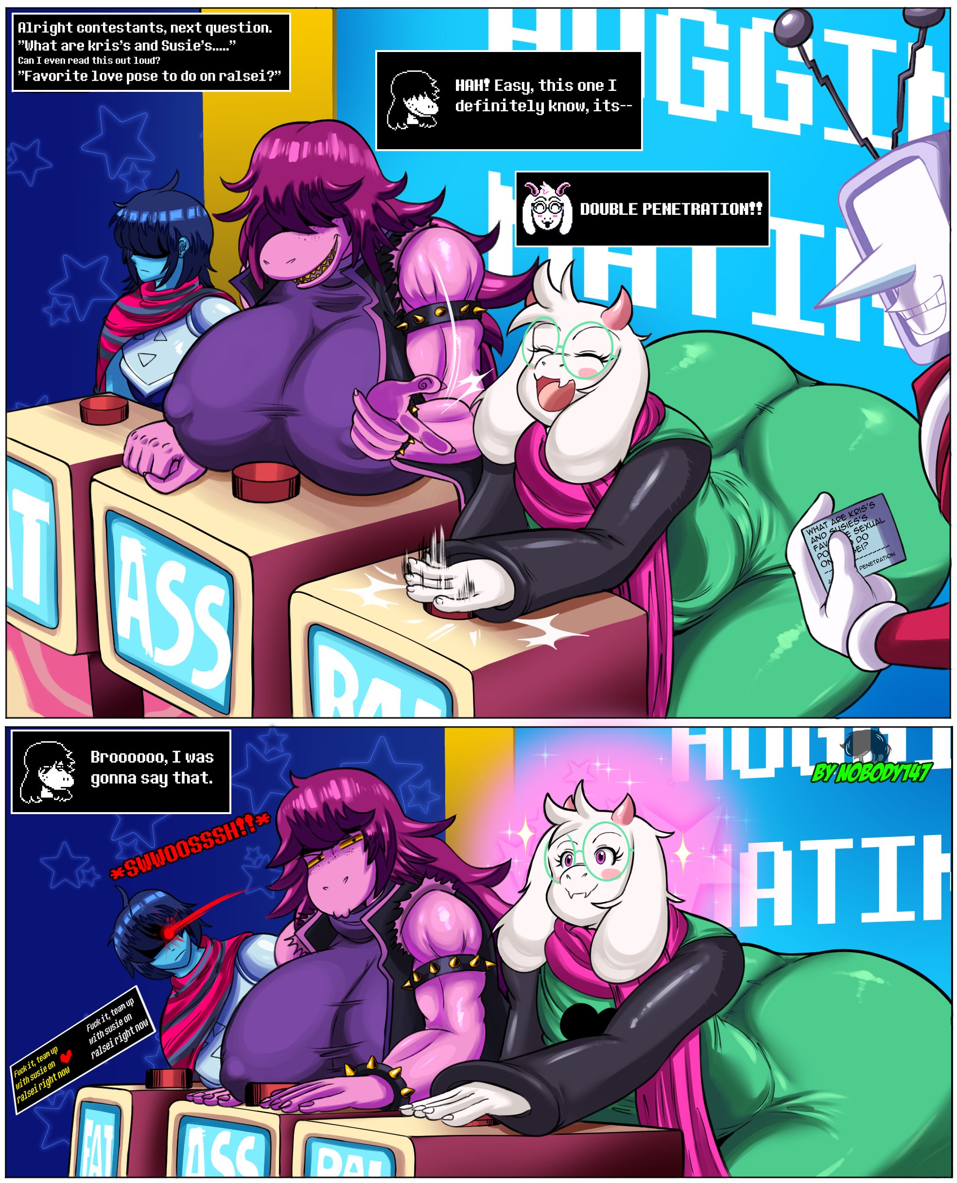 absurd res, anthro, ass, big breasts, big butt, biped, blue body, blush, boss monster (undertale), breasts, clothed, clothing, deltarune, detailed background, english text, female, femboy, group, hair, hi res, huge breasts, huge butt, human, kris (deltarune), male, mammal, mouth closed, nobody147, pupils, purple body, ralsei, scalie, smile, susie (deltarune), text, thick thighs, undertale (series), white body