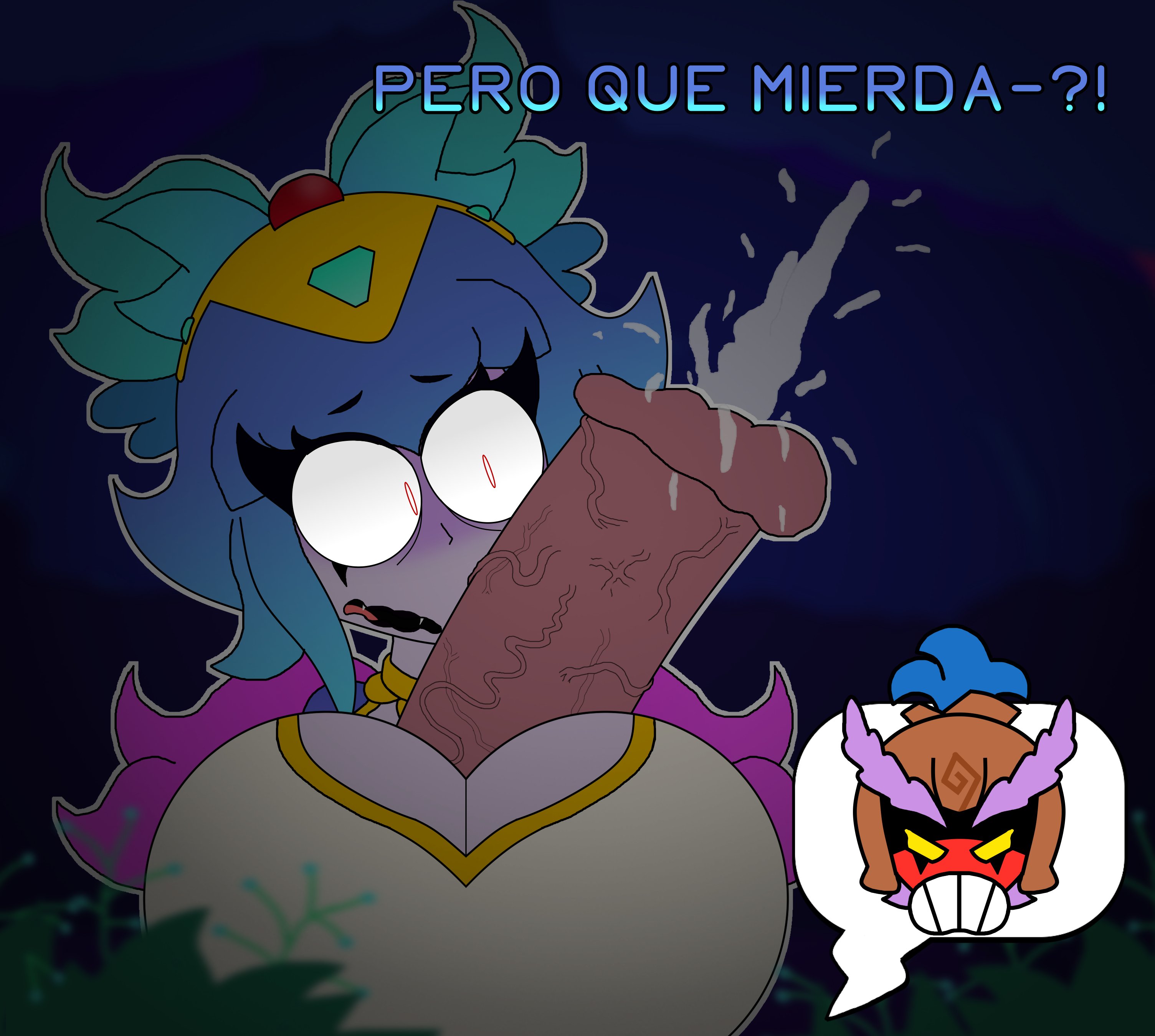 1futa, 1girls, big penis, black lipstick, blue hair, brawl stars, breasts, cum, dark fairy janet (brawl stars), female, futa on female, futanari, harpy melodie (brawl stars), intersex, janet (brawl stars), lipstick, melodie (brawl stars), penis, red eyes, sex, spanish text, submission by janet (brawl stars), text, titjob, topwear, verdoshonsfw, yellow eyes