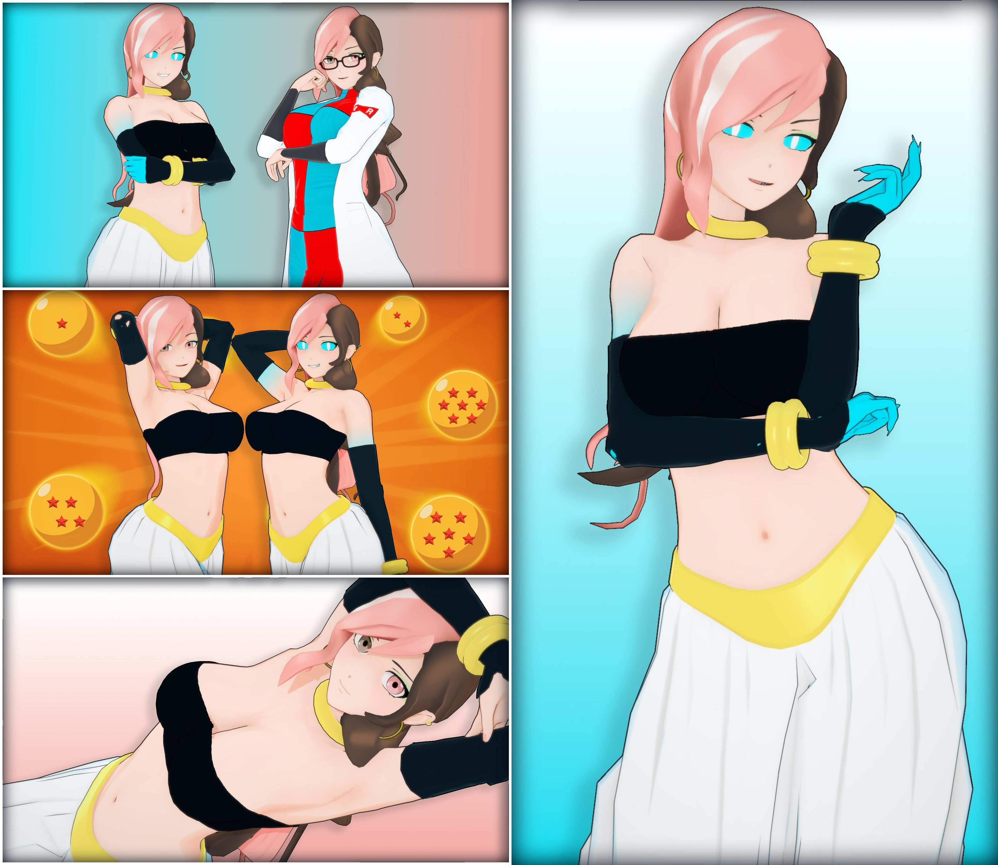 3d, 3girls, android 21 (cosplay), breasts, brown hair, cosplay, curious cat (rwby), dragon ball, dragon ball fighterz, female, female only, glasses, heterochromia, koikatsu, labcoat, multicolored hair, multiple females, multiple girls, neo (rwby), nyxxzeiss, pink hair, possession, rwby