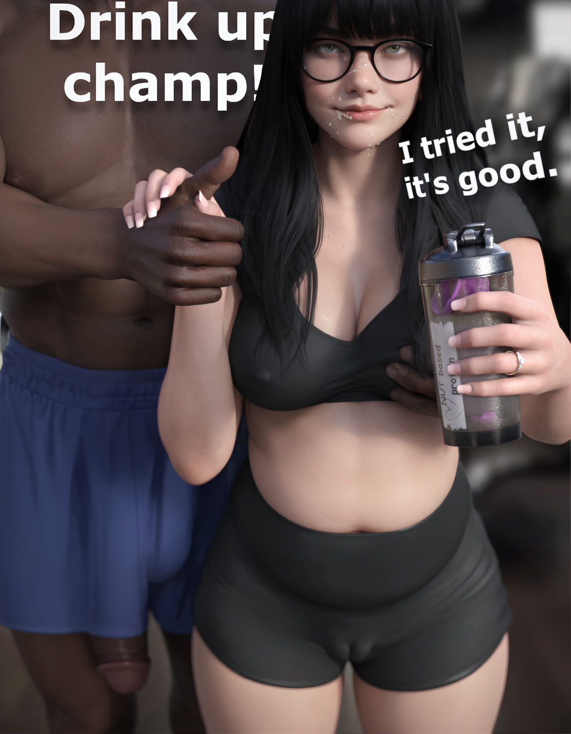 after fellatio, bangs, black penis, breast grab, breasts, cameltoe, cheating, cheating wife, chubby, chubby female, cock out, condom, cuckold, cum, cum in container, cum on face, dark-skinned male, english text, female, flaccid, flaccid penis, glasses, hdr ntrgirl, hdregrets, interracial, looking at viewer, male, netorare, ntr, penis, penis slip, plump, talking to viewer, text, used condom, wedding ring