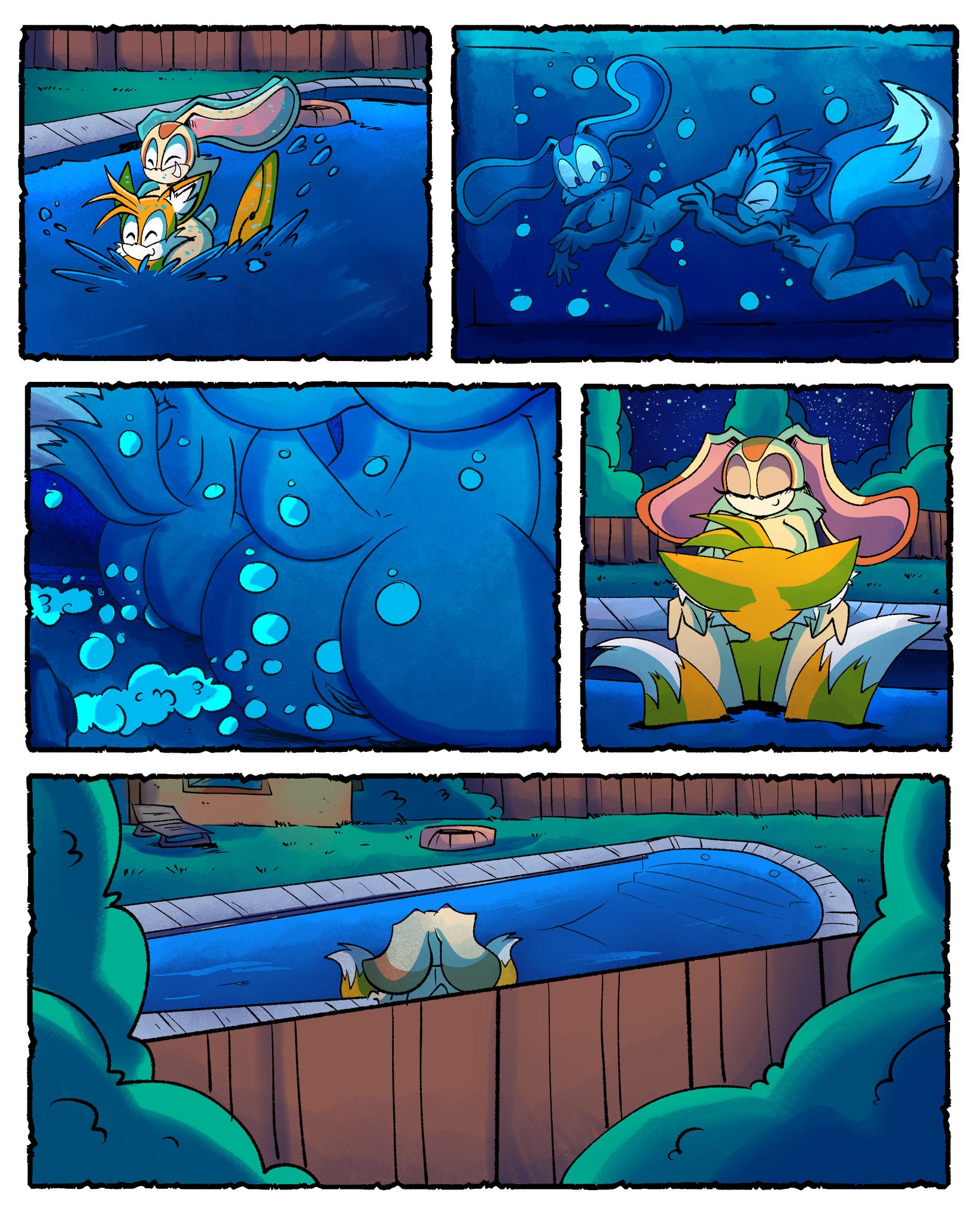 1boy, 1girls, ass, balls, breasts, cream the rabbit, female, male, miles tails prower, nude, pool, popfulblue, pussy, sex, skinny dipping, sonic (series), tails the fox, underwater, wholesome
