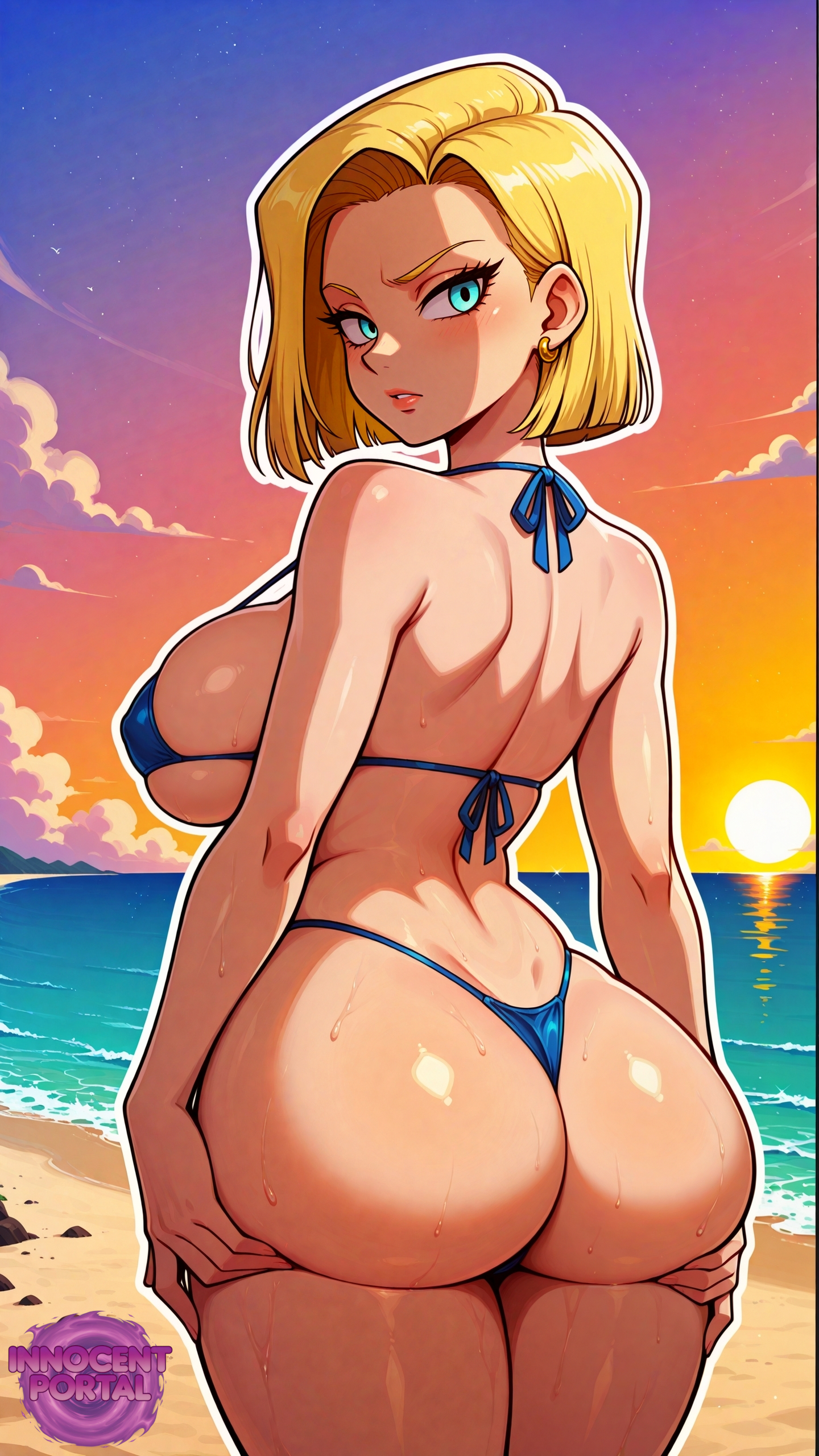 1girls, ai generated, ass, ass focus, beach, big ass, big ass (female), big breasts, bikini, blonde female, blonde hair, blonde hair female, blonde-haired female, blue bikini, blue eyes, blue swimwear, booty, breasts, dragon ball, dragon ball (classic), dragon ball (series), dragon ball fighterz, dragon ball gt, dragon ball super, dragon ball z, earrings, female, female only, gold (metal), gold jewelry, golden earrings, golden hour, holding ass, huge ass, jorgecarlosai, light-skinned female, looking back, looking back at viewer, makeup, mature, mature female, mature woman, micro bikini, milf, mommy, mommy kink, rear view, sand, short hair, solo, swimwear, thick, thick ass, thick hips, thick legs, thick thighs, toned, toned body, toned female, toned legs, water, wide hips