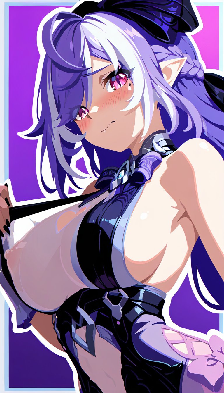 1girls, breasts, exposed breasts, female, flashing, flashing breasts, hoyoverse, long hair, mihoyo, mluac, nipples, nipples visible through clothing, official alternate costume, purple hair, red eyes, sideboob, swimsuit, vivian banshee, vivian banshee (iris of the shore), white swimsuit, zenless zone zero