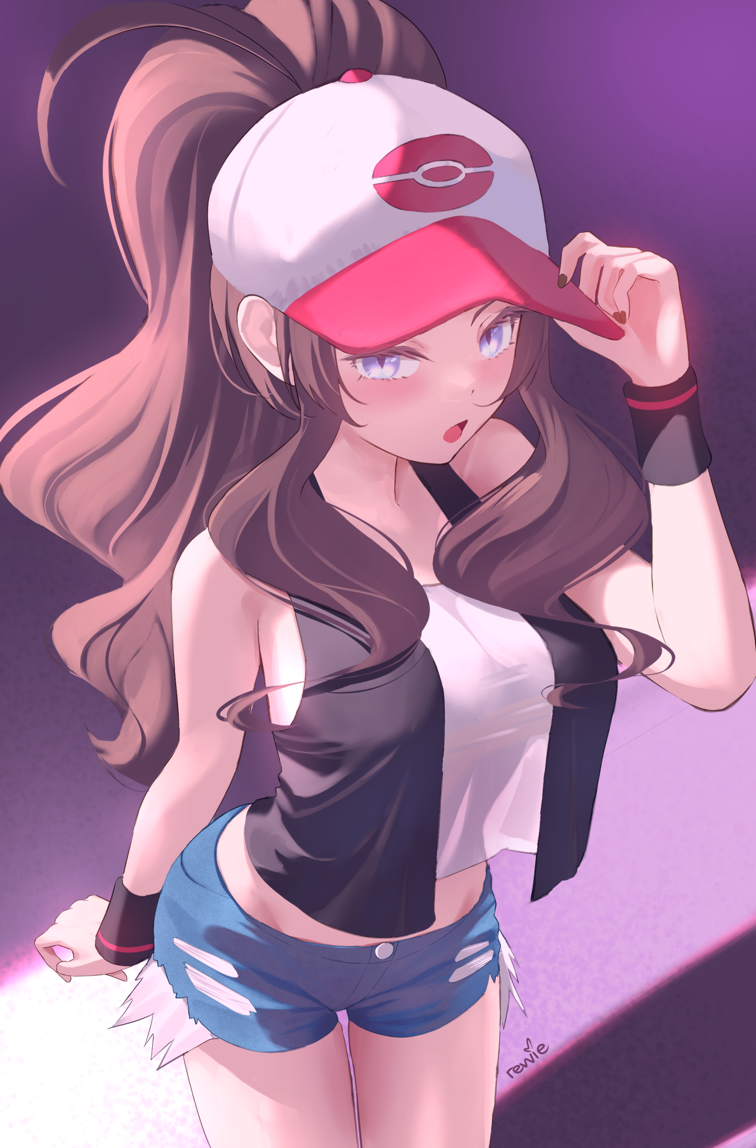 :o, 1girls, adjusting clothes, adjusting headwear, artist name, baseball cap, black nails, black vest, blue eyes, blue shorts, brown hair, commentary request, cowboy shot, denim, denim shorts, exposed pocket, female, female focus, hand on headwear, hand up, hat, high ponytail, highres, hilda (pokemon), nail polish, nintendo, open clothes, open mouth, open vest, pokemon, pokemon bw, ponytail, revvie, shirt, short shorts, shorts, sidelocks, sleeveless, sleeveless shirt, solo, vest, white hat, white shirt, wristband