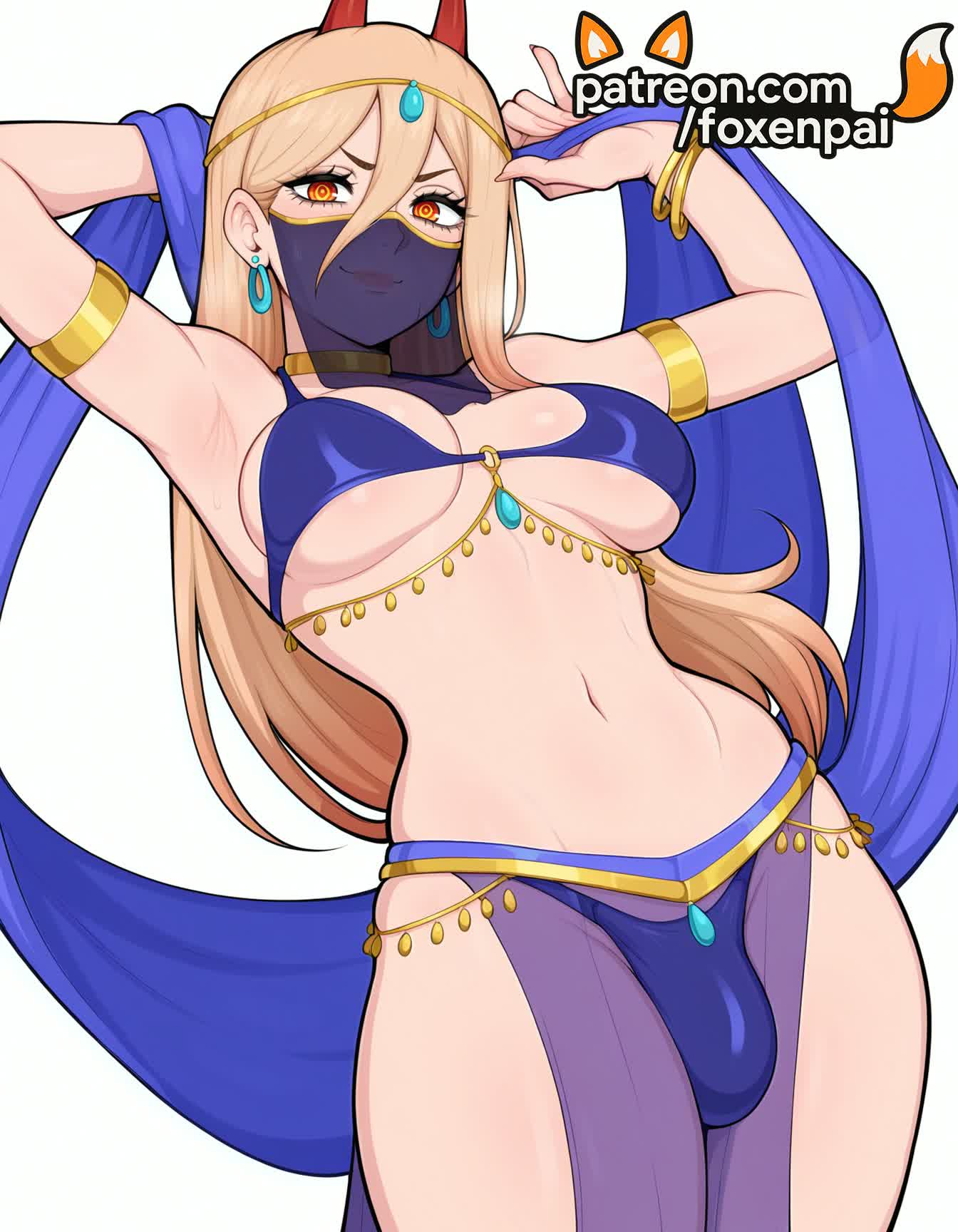 1futa, 2025, ai generated, armlet, armpits, artist name, blonde hair, bracelet, breasts, bust, chainsaw man, chest, dancer, earrings, foxenpai, futanari, hair between eyes, hi res, high quality, high resolution, highres, hoop earrings, intersex, jewelry, long hair, looking at viewer, mouth veil, navel, patreon, patreon username, power (chainsaw man), solo, stable diffusion, veil, watermark