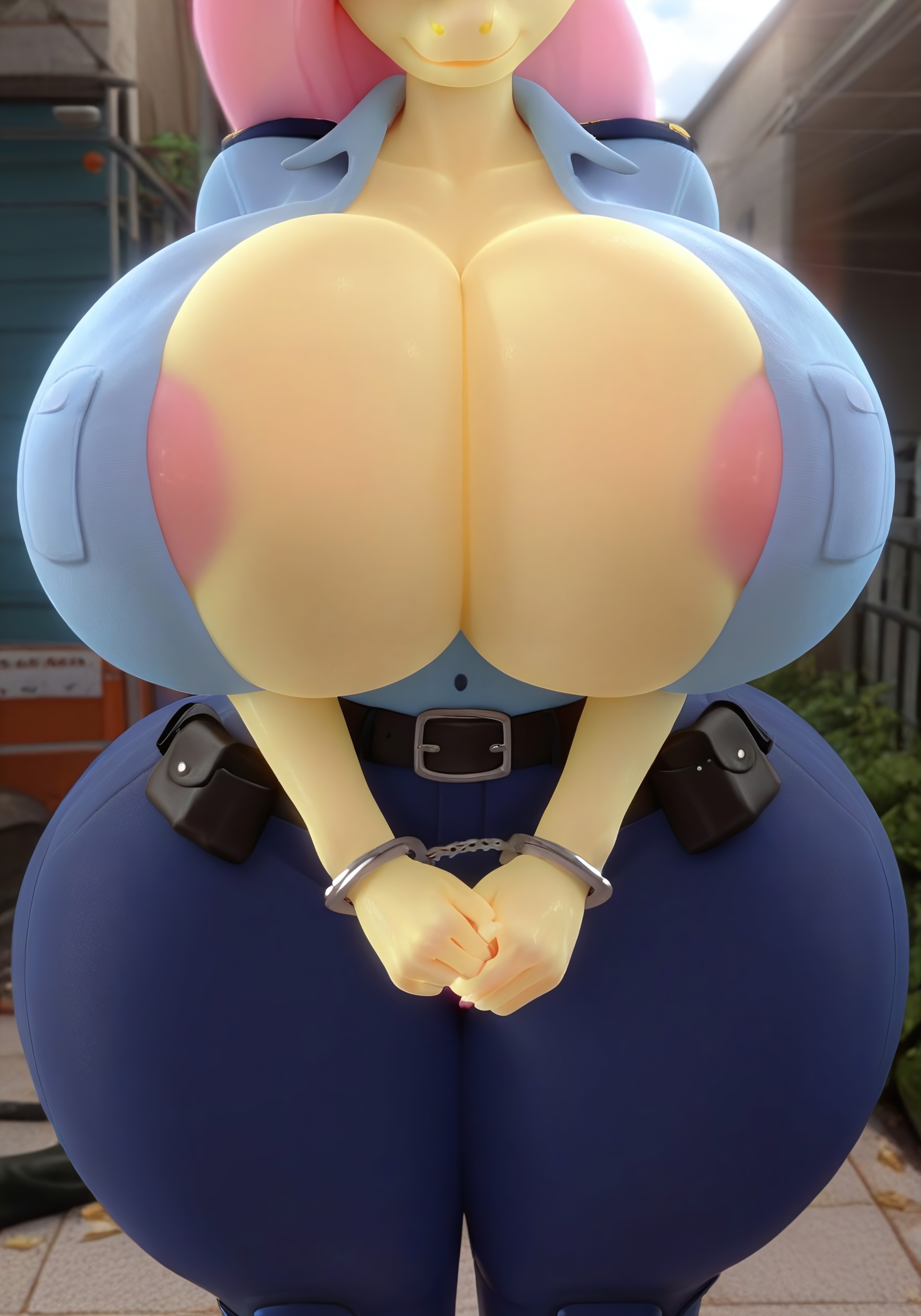 ai generated, big breasts, breasts, cleavage, female, fluttershy (mlp), friendship is magic, gooner dimension, handcuffed, handcuffs, hasbro, head out of frame, huge breasts, looking at viewer, massive breasts, my little pony, narrow waist, police, police uniform, wide hips