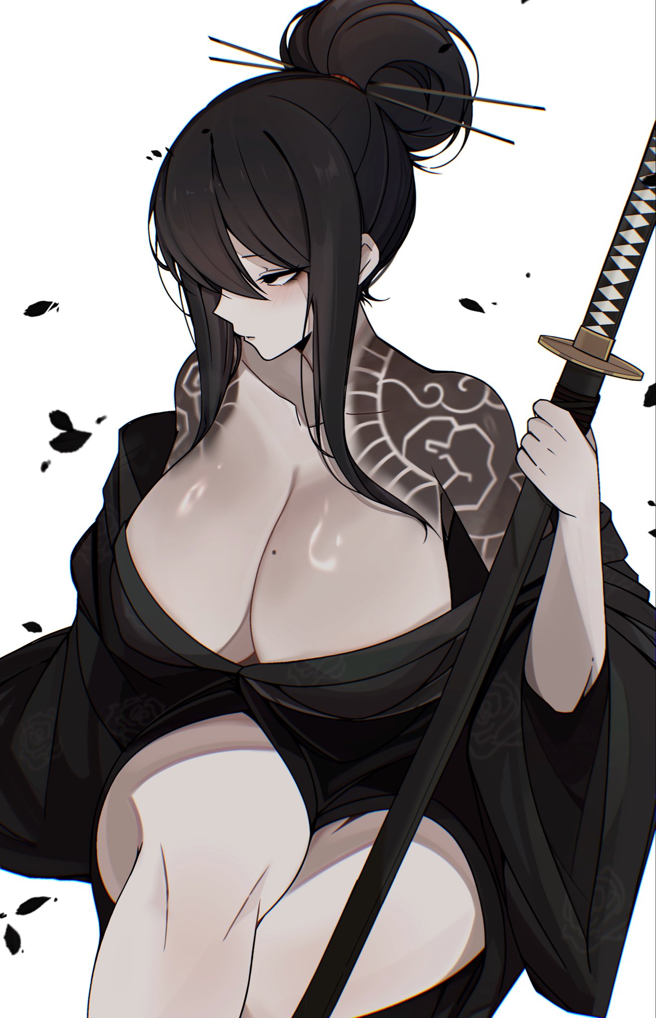 bare shoulders, big breasts, black eyes, black hair, black hair female, blush, breasts, breasts visible through clothing, cleavage, clothed, female, female only, hair bun, hair ornament, holding object, holding weapon, huge breasts, irezumi, katana, kimono, large breasts, library of ruina, light-skinned female, looking away, m ayonessa, mole on breast, open kimono, project moon, sayo (library of ruina), sheathed weapon, simple background, sitting, tattoo, tattoos, yakuza tattoo