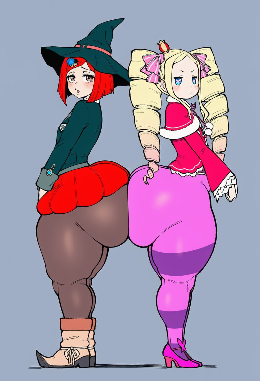 2girls, ai generated, ass, ass to ass, beatrice (re:zero), big ass, big butt, blonde hair, blue eyes, breasts, brown hair, butt to butt, clothed, clothed female, crossover, curvaceous, curvaceous ass, curvaceous body, curvaceous female, curvaceous figure, curvaceous hips, curvaceous thighs, curvy, curvy body, curvy female, curvy figure, curvy hips, danganronpa, danganronpa v3, female, female only, globogloboai, heavy bottom, long hair, petite, petite body, petite breasts, petite female, re:zero kara hajimeru isekai seikatsu, red hair, short hair, shortstack, small breasts, standing, thick, thick ass, thick hips, thick legs, thick thighs, thighhighs, thighs, voluptuous, voluptuous body, voluptuous female, wide hips, wide thighs, witch hat, yumeno himiko