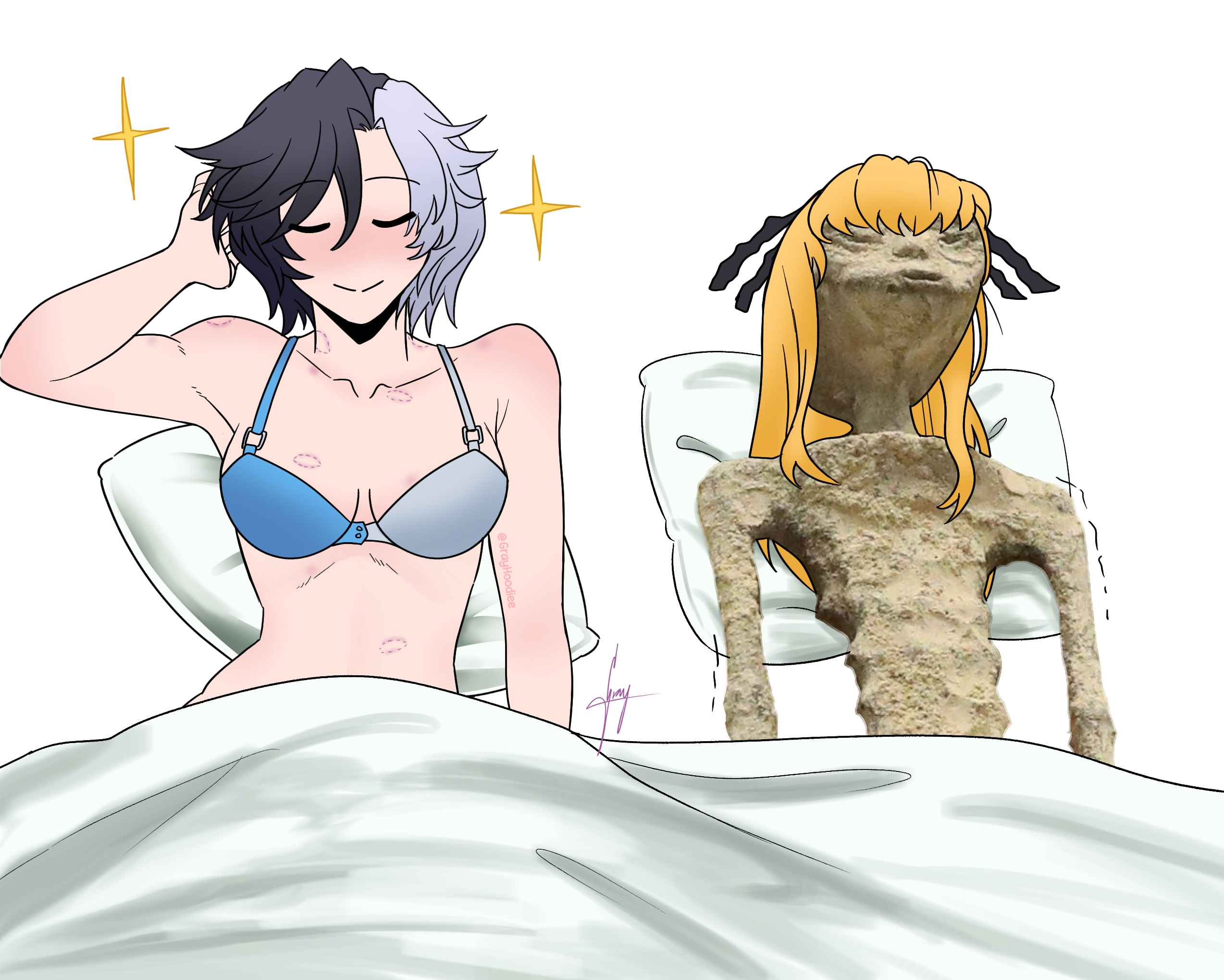 2girls, after sex, blonde hair, bra, cleavage, female, female only, grayhoodiee, guy tired after sex (meme), lipstick mark, lipstick marks, luna snow, luna snow (marvel rivals), magik (illyana rasputin), magik (marvel rivals), marvel, marvel comics, marvel rivals, meme, mexico alien, snowsword, yuri