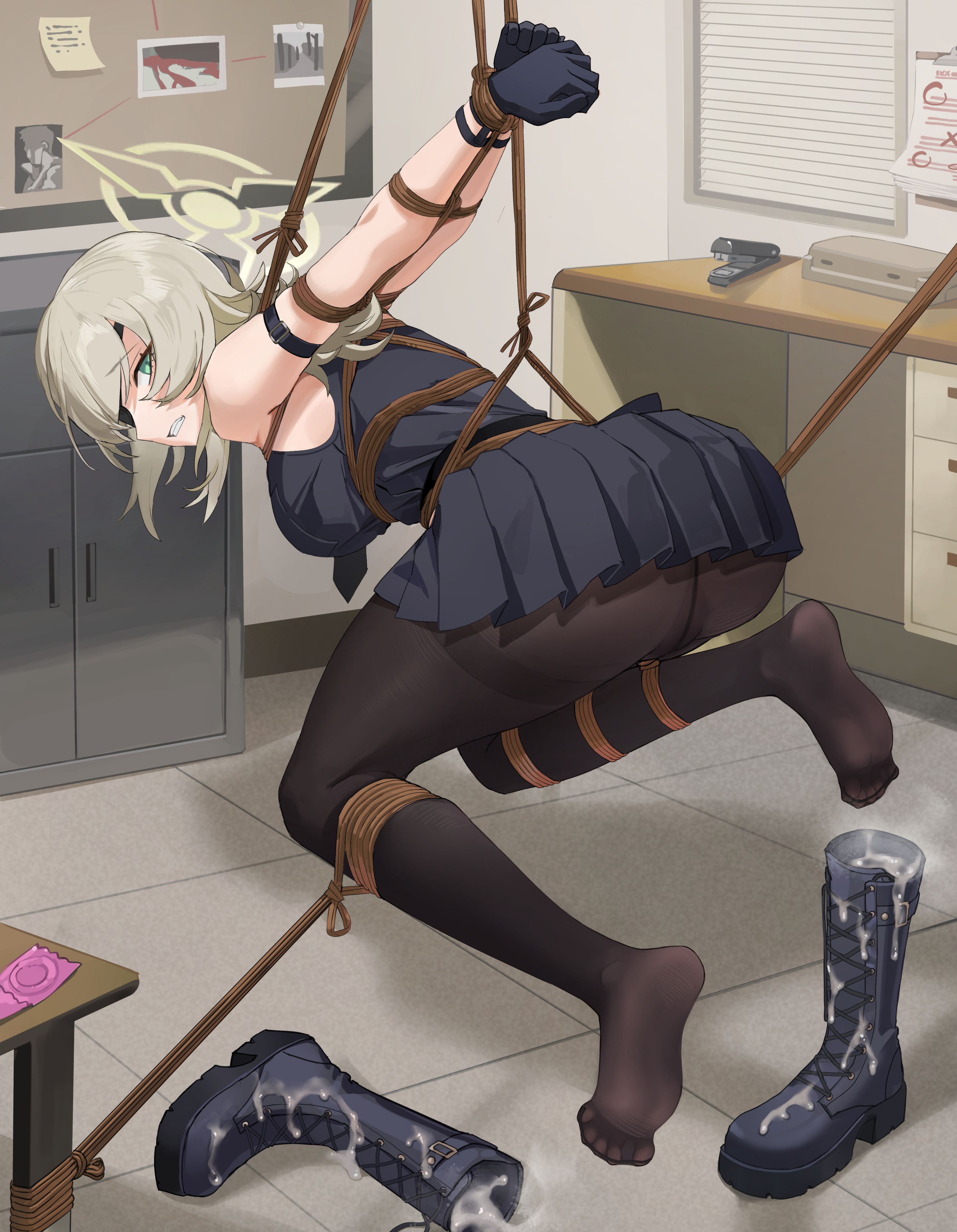 1girls, absurdres, arms behind back, arms tied, arms tied behind back, black coat, black gloves, black pantyhose, blue archive, bondage, bound, bound arms, bound legs, bound wrists, brown halo, chuck (harfmoondark), clothed, clothed female, coat, cum in footwear, feet, female, female only, femsub, foot fetish, footwear fetish, gloves, greatcoat, halo, highres, looking at viewer, looking back, no panties, no shoes, pantyhose, restrained, rope, rope bondage, soles, suou (blue archive), suspension, suspension bondage, tagme, toes