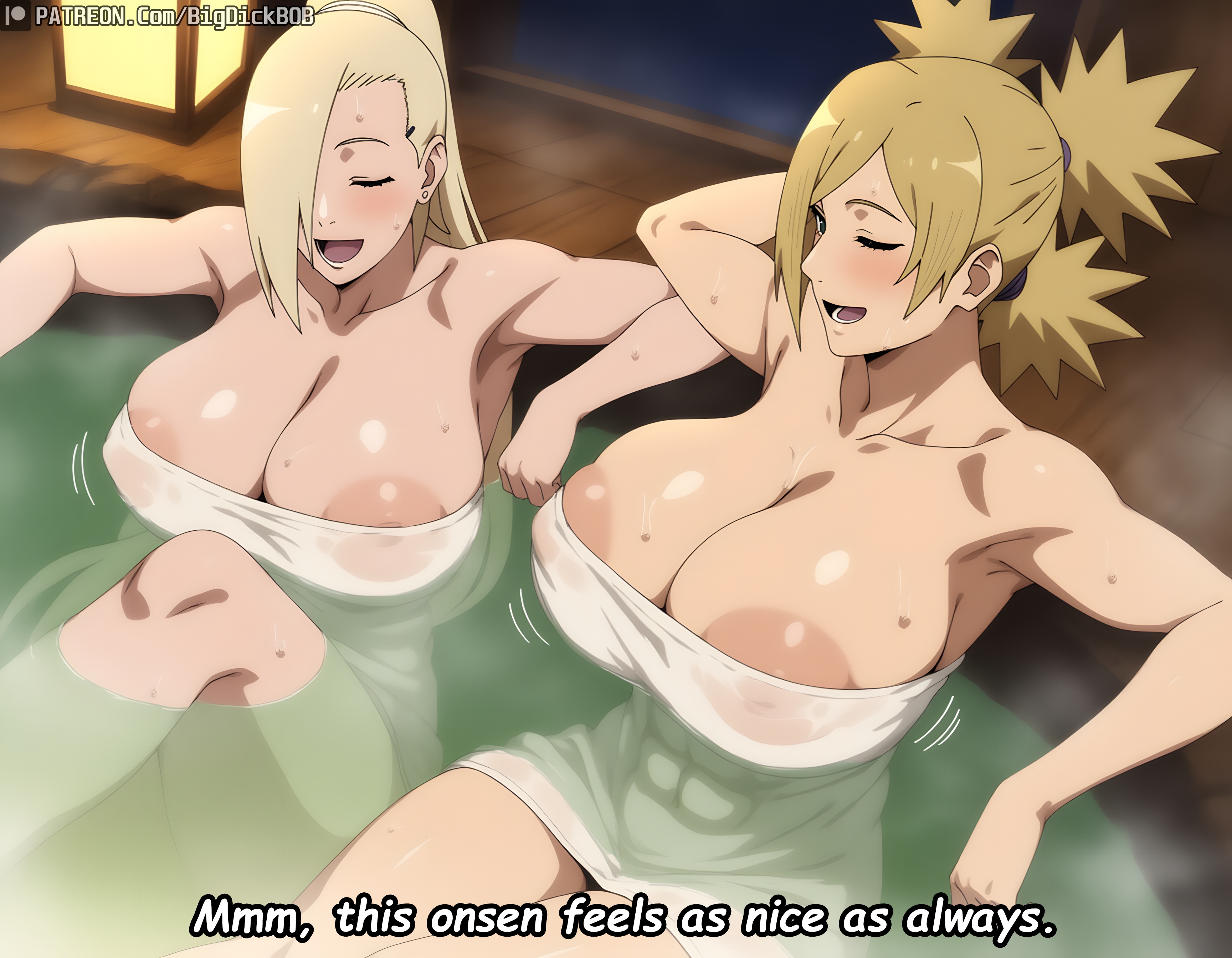2girls, ai generated, arm support, arm under breasts, bare chest, bare legs, bare shoulders, bare thighs, bathhouse, bent over, big breasts, bigdickbob, blonde hair, blush, boruto: naruto next generations, breast focus, breasts, cleavage, closed eyes, collarbone, commentary, dialogue, english text, female, female only, head tilt, hot spring, huge breasts, in water, ino yamanaka, large breasts, leaning forward, legs together, light skin, light-skinned female, looking at viewer, mature, mature female, milf, multiple females, multiple girls, naked towel, naruto, naruto (series), onsen, oppai, partially submerged, ponytail, quad tails, relaxing, shiny, shiny hair, shiny skin, sitting, standing, temari, text, thick thighs, thighs, tied hair, towel, towel only, voluptuous, watermark, wet, wet body, wet skin