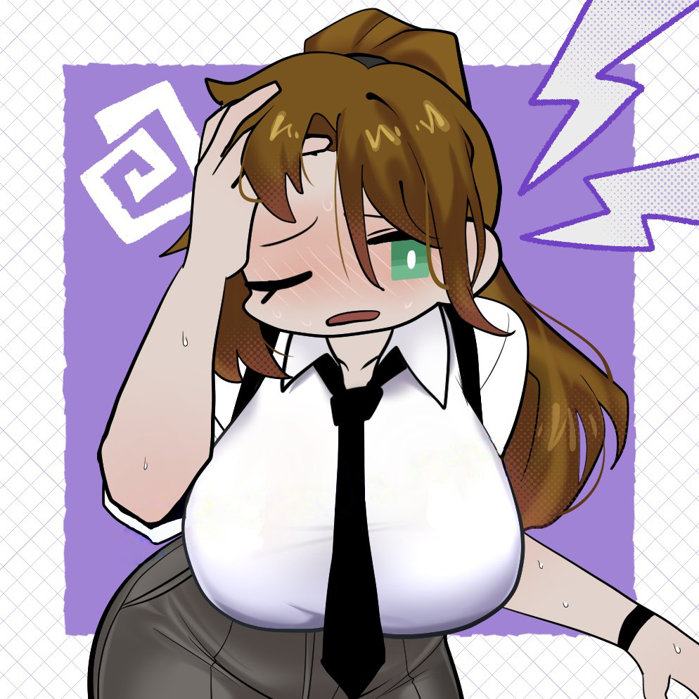 1girls, big breasts, blonde hair, breasts, chibi, clothing, female, green eyes, hangover, library of ruina, limbus company, long hair, office clothing, olga (library of ruina), patrasche, ponytail, project moon, sagging breasts, shirt, suspenders, tie, turquoise eyes