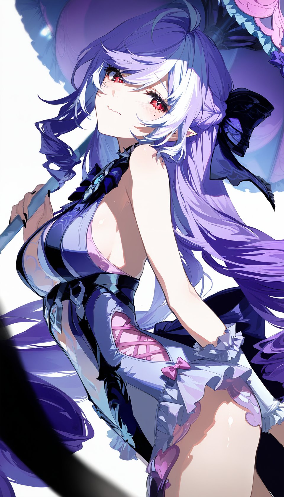 1girls, breasts, exposed breasts, female, hoyoverse, legs, long hair, mihoyo, mluac, official alternate costume, purple hair, red eyes, swimsuit, vivian banshee, vivian banshee (iris of the shore), white swimsuit, zenless zone zero