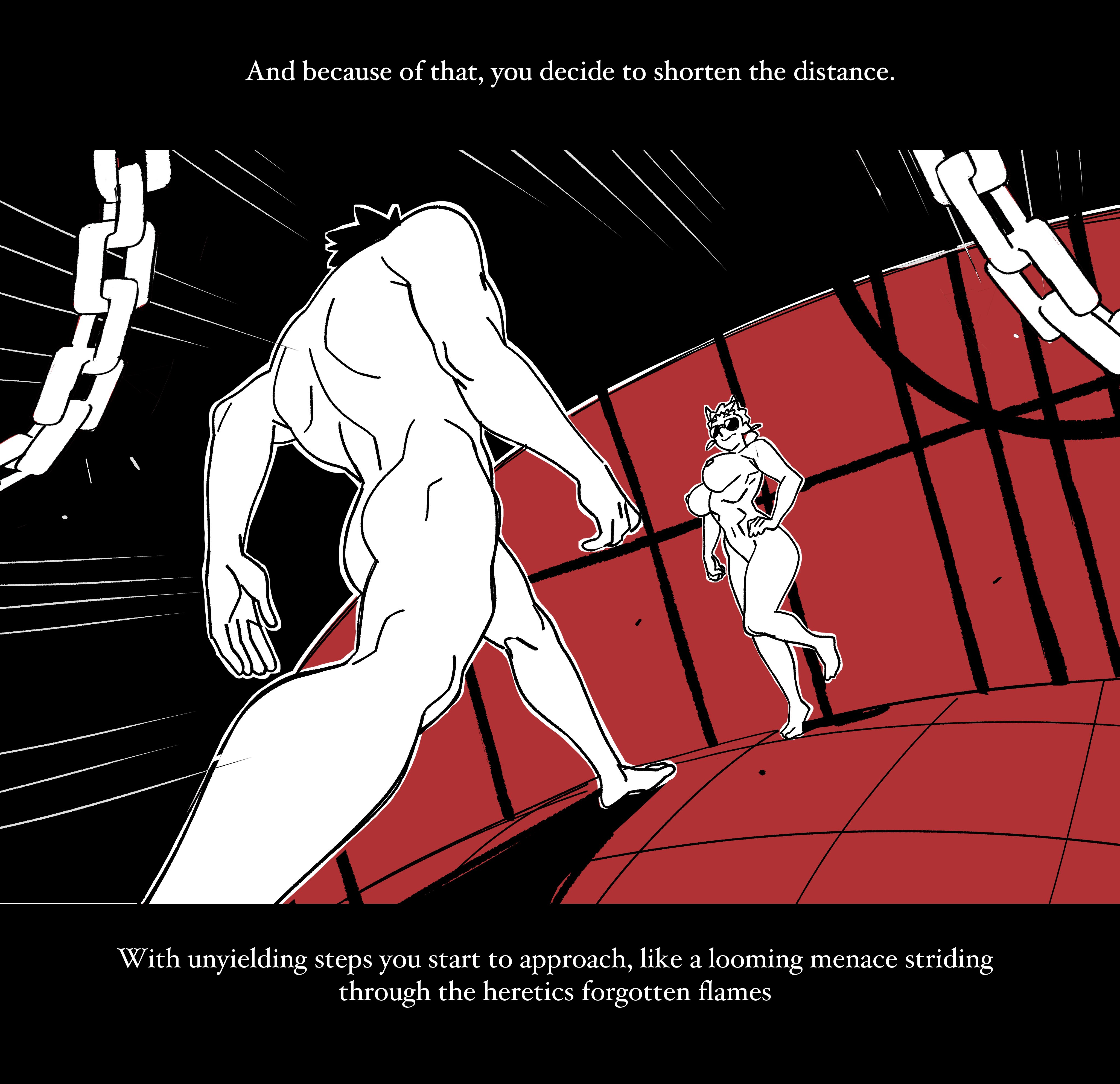 2025, approaching, buff, chains, comic, female, glasses, helltaker, helltaker (character), jojo reference, justice (helltaker), male, meme reference, naked, naked female, naked male, nisego