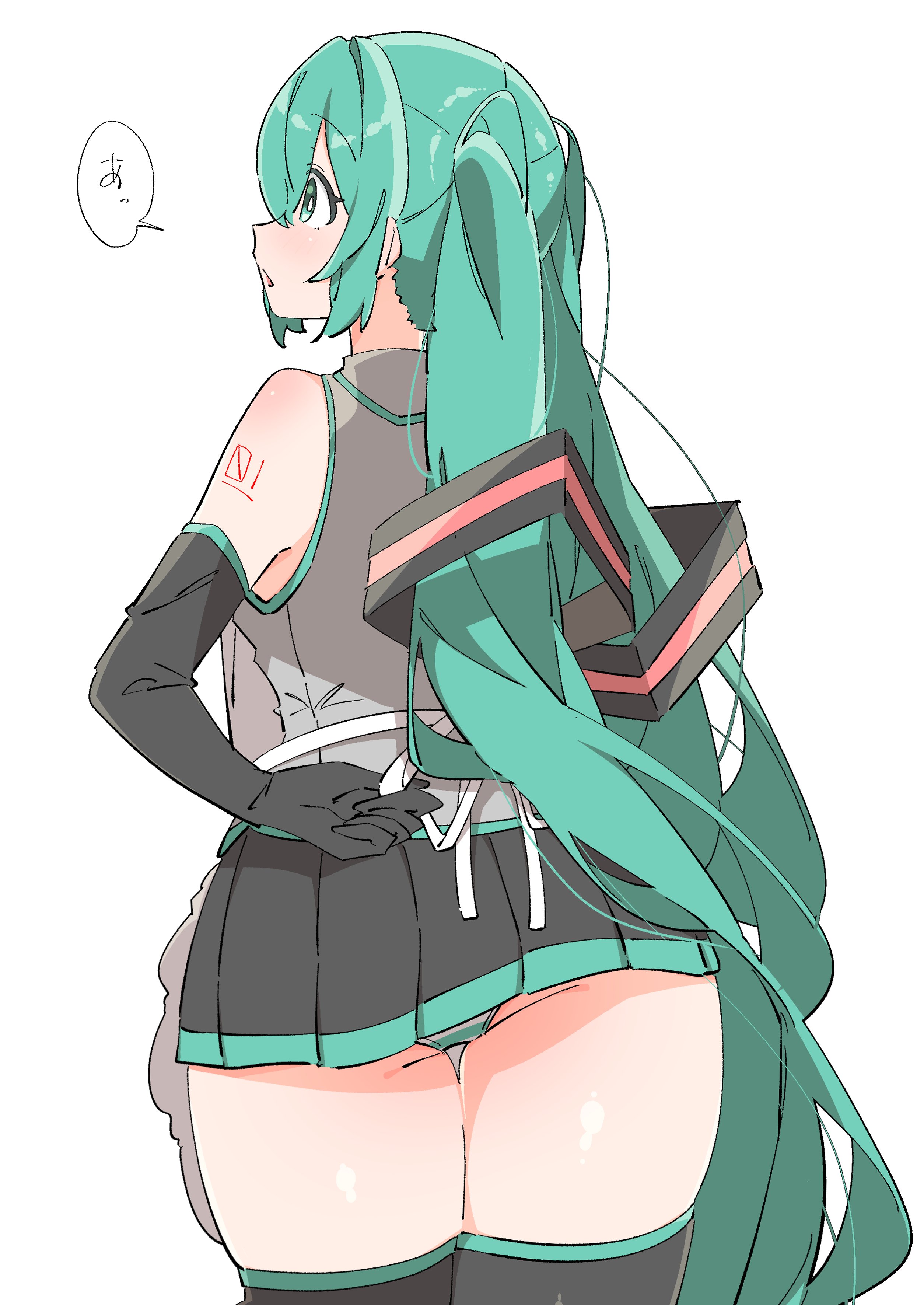1girl, apron, aqua eyes, aqua hair, ass, back view, bare shoulders, black gloves, black skirt, black thighhighs, cowboy shot, elbow gloves, female, female only, from behind, gloves, grey shirt, hatsune miku, long hair, open mouth, panties, pantyshot, pleated skirt, shirt, short skirt, shoulder tattoo, simple background, skirt, sleeveless, sleeveless shirt, solo, speech bubble, stockings, striped, striped panties, tagme, tattoo, text, text bubble, thighhighs, thighs, twintails, underwear, uruti 2388, very long hair, vocaloid, white background