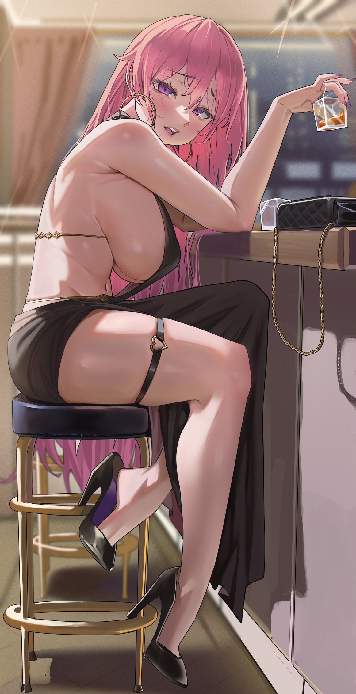 1girls, archinoer, bar stool, big breasts, breasts, dress, drinking, fat tits, female, glass, heels, hoop earrings, large breasts, legs, looking at viewer, nipple bulge, open mouth, phase connect, pink hair, purple eyes, runie ruse, sideboob, sitting, thigh strap, thighs, virtual youtuber, vtuber