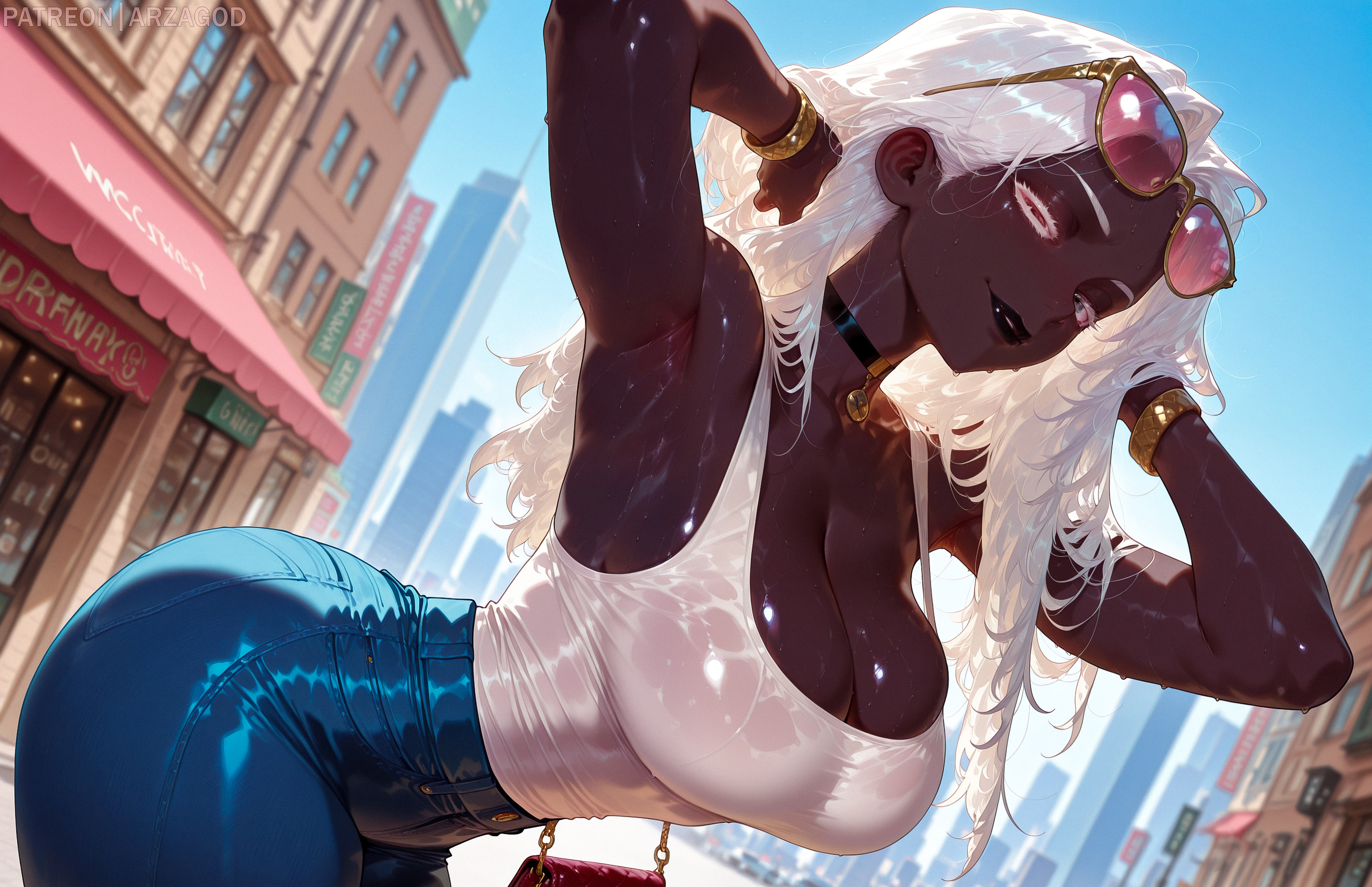 ai, ai art, ai assisted, ai generated, arzagod, bandai namco, elden ring, elden ring nightreign, female, fromsoftware, jeans, oiled skin, recluse (nightreign), sunglasses, wet clothing, white hair