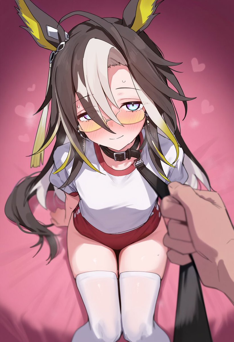 1girls, ai generated, animal ears, artist request, bed, blue eyes, blush, blushing at viewer, breasts, buruma, collar, colored inner hair, dark hair, dark tail, dream journey (umamusume), ear ornament, eyebrows visible through hair, female, glasses, gym clothes, gym uniform, heart symbol, horse ears, horse girl, horse tail, leash, leash and collar, leash pull, leashed collar, legs together, light smile, long hair, looking at viewer, looking up, multicolored eyes, multicolored hair, pov, purple eyes, red buruma, short sleeves, sitting on bed, small breasts, smile, sweat, t-shirt, thighhighs, three-tone hair, tight pants, tracen training uniform, umamusume, umamusume pretty derby, very long hair, viewer holding leash, white hair, white streak, white t-shirt, white thighhighs, yellow hair