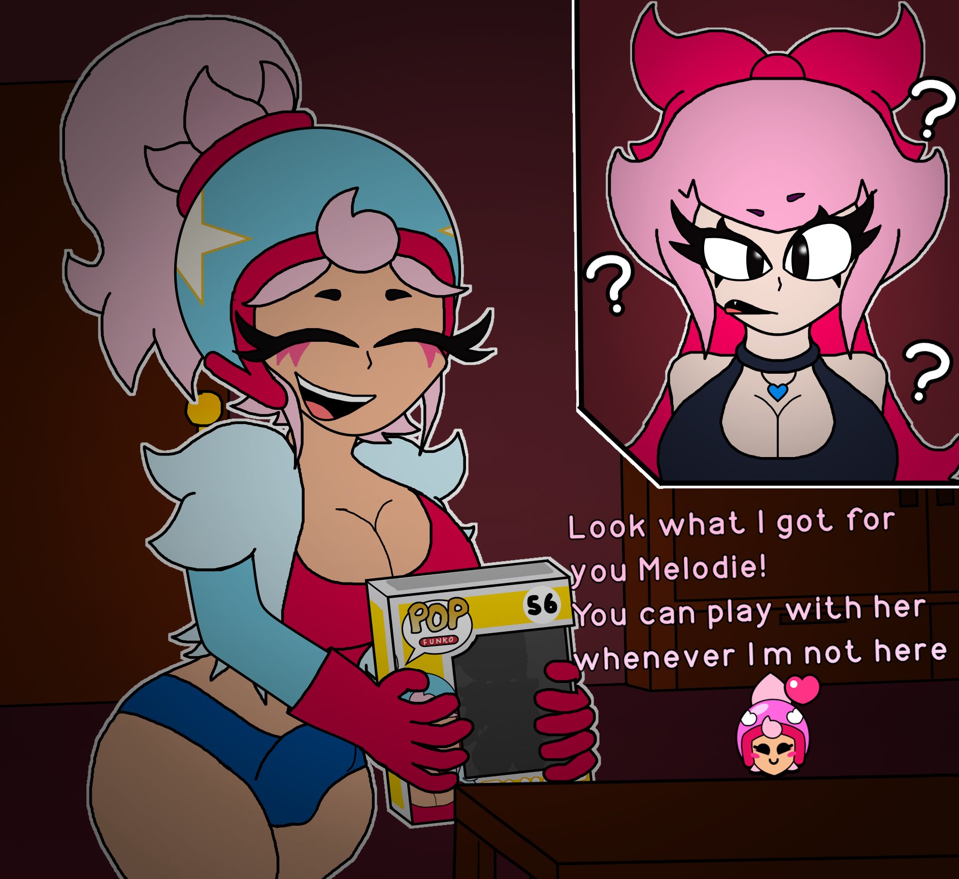1futa, 1girls, brawl stars, choker, english text, female, futa on female, futanari, gloves, intersex, janet (brawl stars), light skin, light-skinned female, light-skinned futa, melodie (brawl stars), pink hair, submission by janet (brawl stars), text, topless, topwear, verdoshonsfw