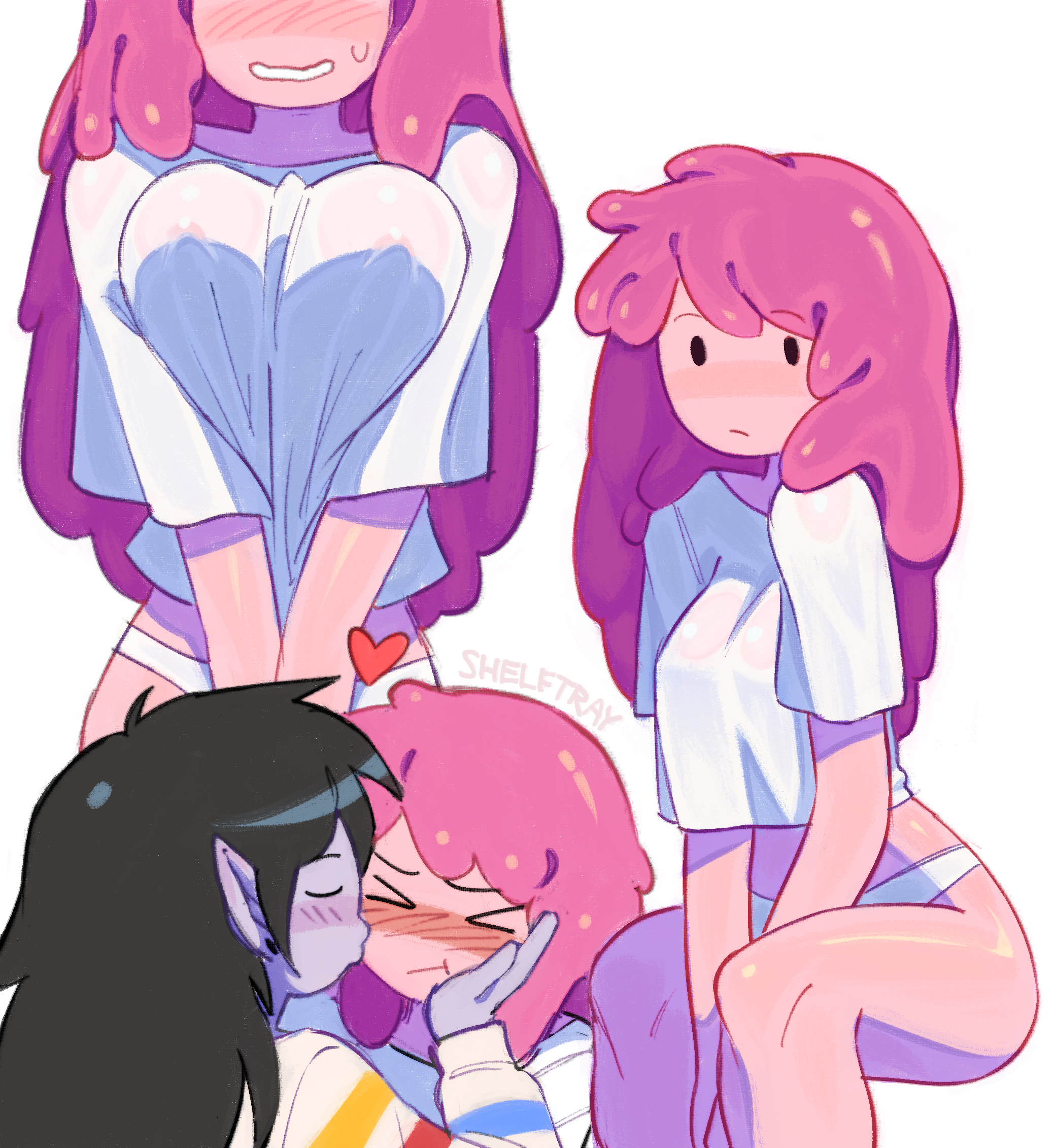 > <, 2d, 2girls, adventure time, big breasts, black hair, blush, breasts, cartoon network, embarrassed, female, female only, grey body, grey skin, kiss, long hair, marceline, panties, pink body, pink hair, pointy ears, princess bubblegum, see-through, shelftray, shirt, simple background, striped, striped shirt, tagme, underwear, white background, white shirt, yuri