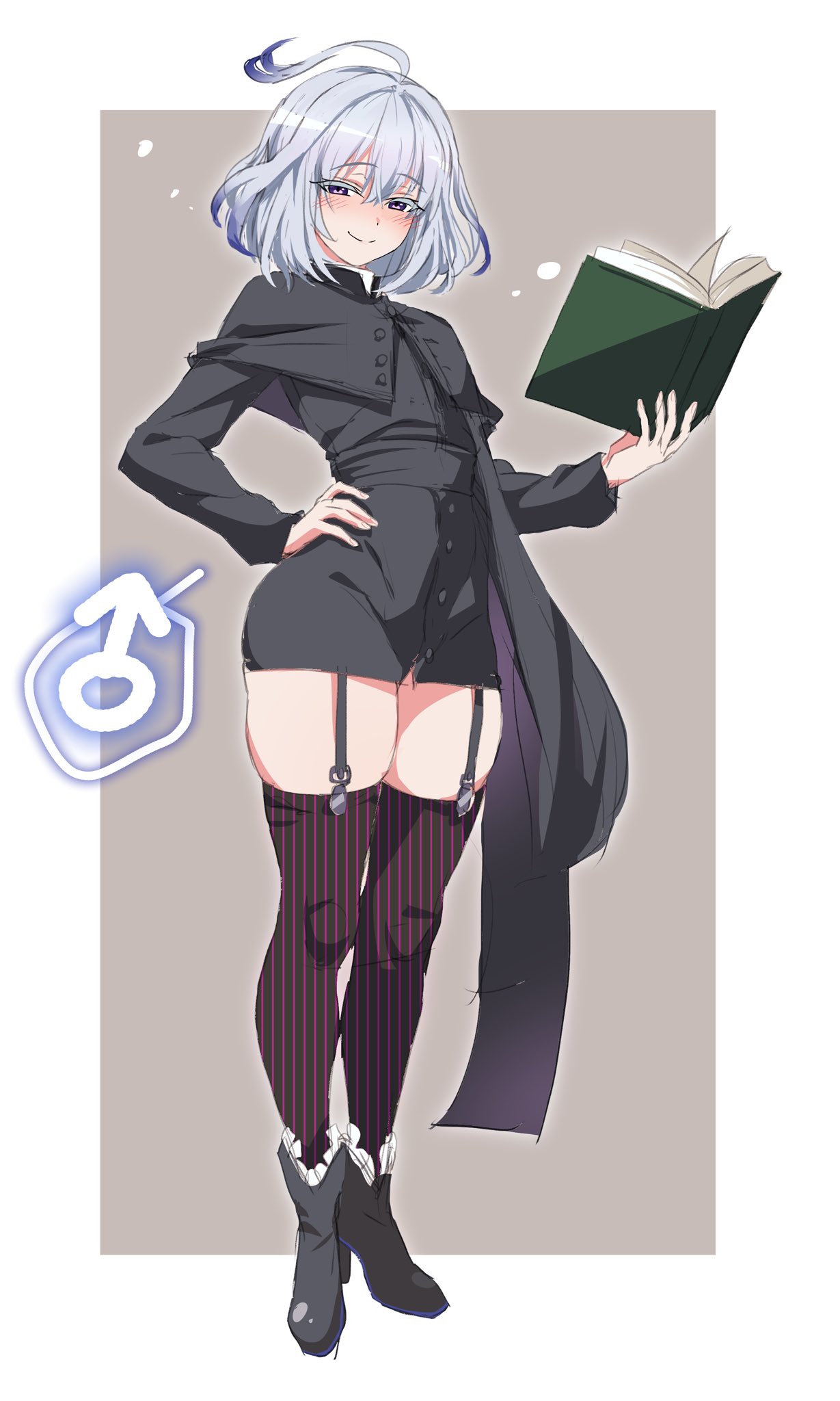 1boy, bare shoulders, blush, book, crossdressing, femboy, footwear, garter, gloves, hand on hip, heart, holding object, looking at viewer, male, male only, male symbol, mars symbol, original character, purple eyes, shoes, short hair, solo, staning, white hair, zanegoodell