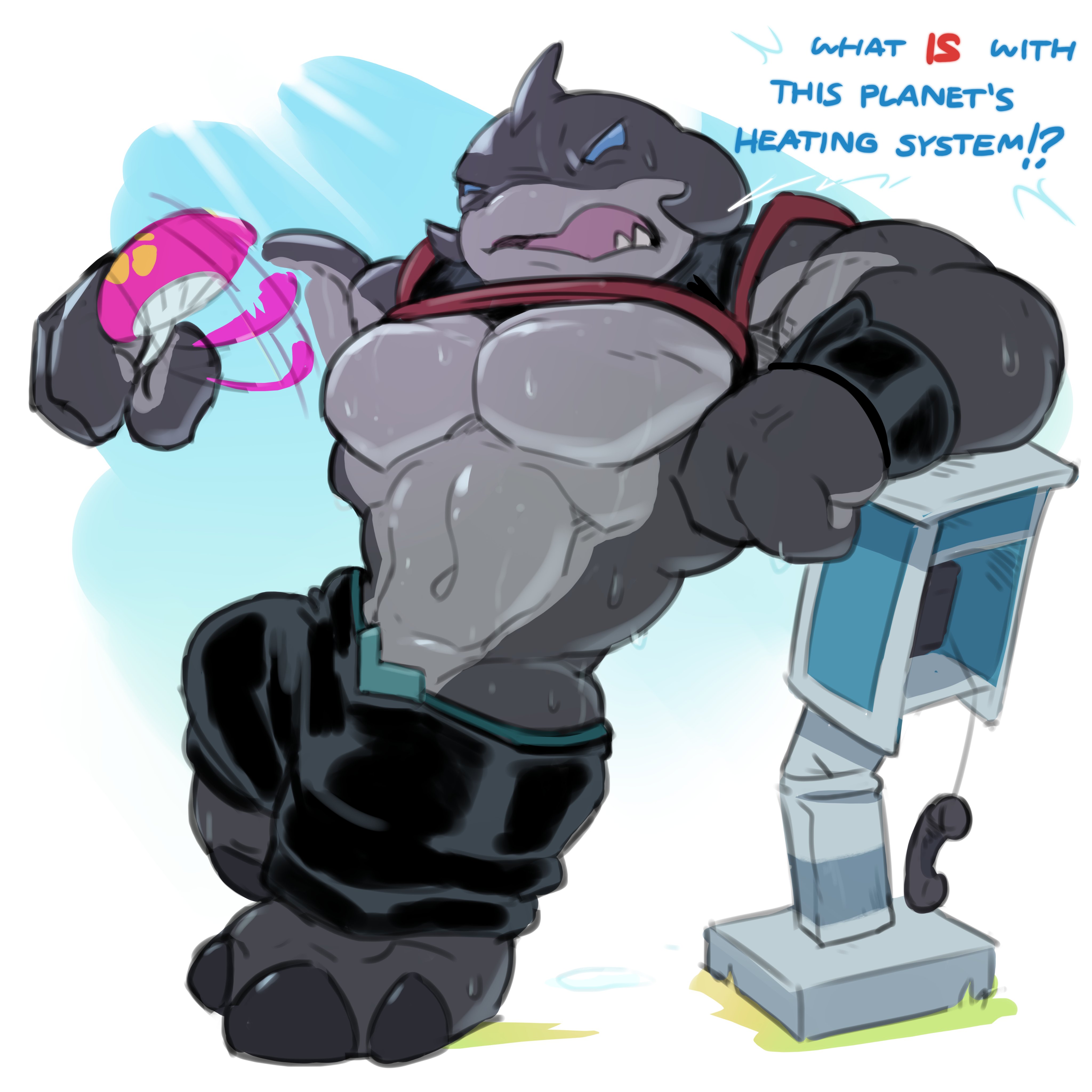 2025, 3 fingers, 3 toes, absurd res, alien, animal humanoid, annoyed, anthro, armband, biceps, big muscles, big pecs, blue eyes, blue sky, blue text, bodily fluids, bottomwear, broken object, cetacean, cetacean humanoid, clothed, clothing, colored sketch, complaining, countershade arms, countershade torso, countershading, dialogue, digital media (artwork), disney, eldritch being, elephant toes, empty eyes, english text, exclamation point, facial markings, fanning, fanning self, featureless chest, feet, fin, fingers, gantu, glistening, glistening body, grass, grey body, head fin, head markings, heat (temperature), hi res, humanoid, latissimus dorsi, leaning, leaning on object, light, lilo and stitch, male, male only, mammal, marine, marine humanoid, markings, muscles, muscular, muscular male, muzzle (marking), narrowed eyes, navel, outside, pants, pecs, phone booth, plant, puddle, question, question mark, raised clothing, raised leg, raised shirt, raised topwear, red text, sharp teeth, shirt, sketch, sky, solo, sunlight, sweat, talking to viewer, teeth, text, toes, topwear, veiny hands, waddledox, whale humanoid, wide hips