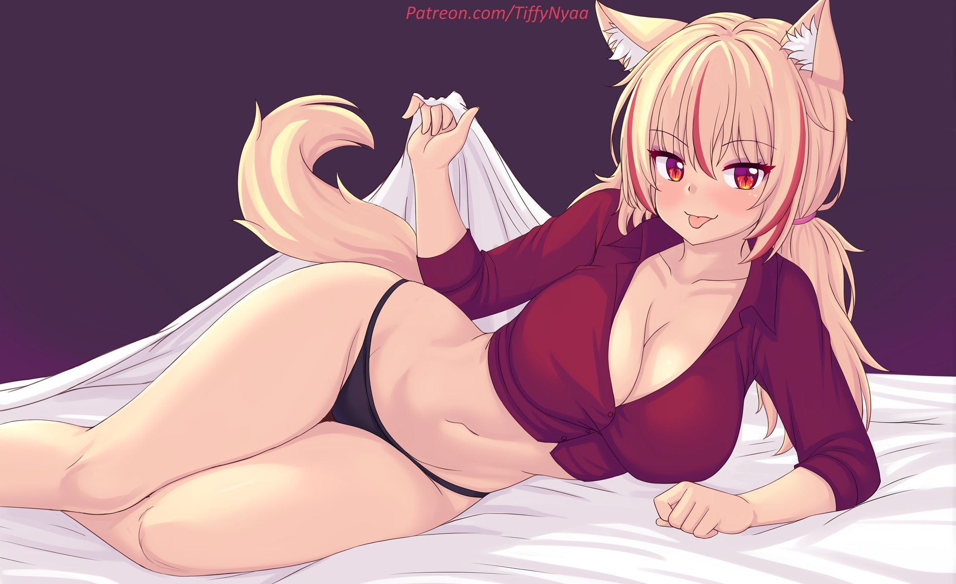 :p, black thong, blonde hair, blush, breasts, cat ears, catgirl, cleavage, female, hair between eyes, highres, large breasts, long hair, looking at viewer, multicolored hair, navel, nottytiffy, on bed, on side, original, panties, red hair, red highlights, shirt, sidelocks, streaked hair, tagme, thighs, thong, tiffy, tiffynyaa, tongue, tongue out, twitch, two-tone hair, underwear, virtual youtuber, vtuber