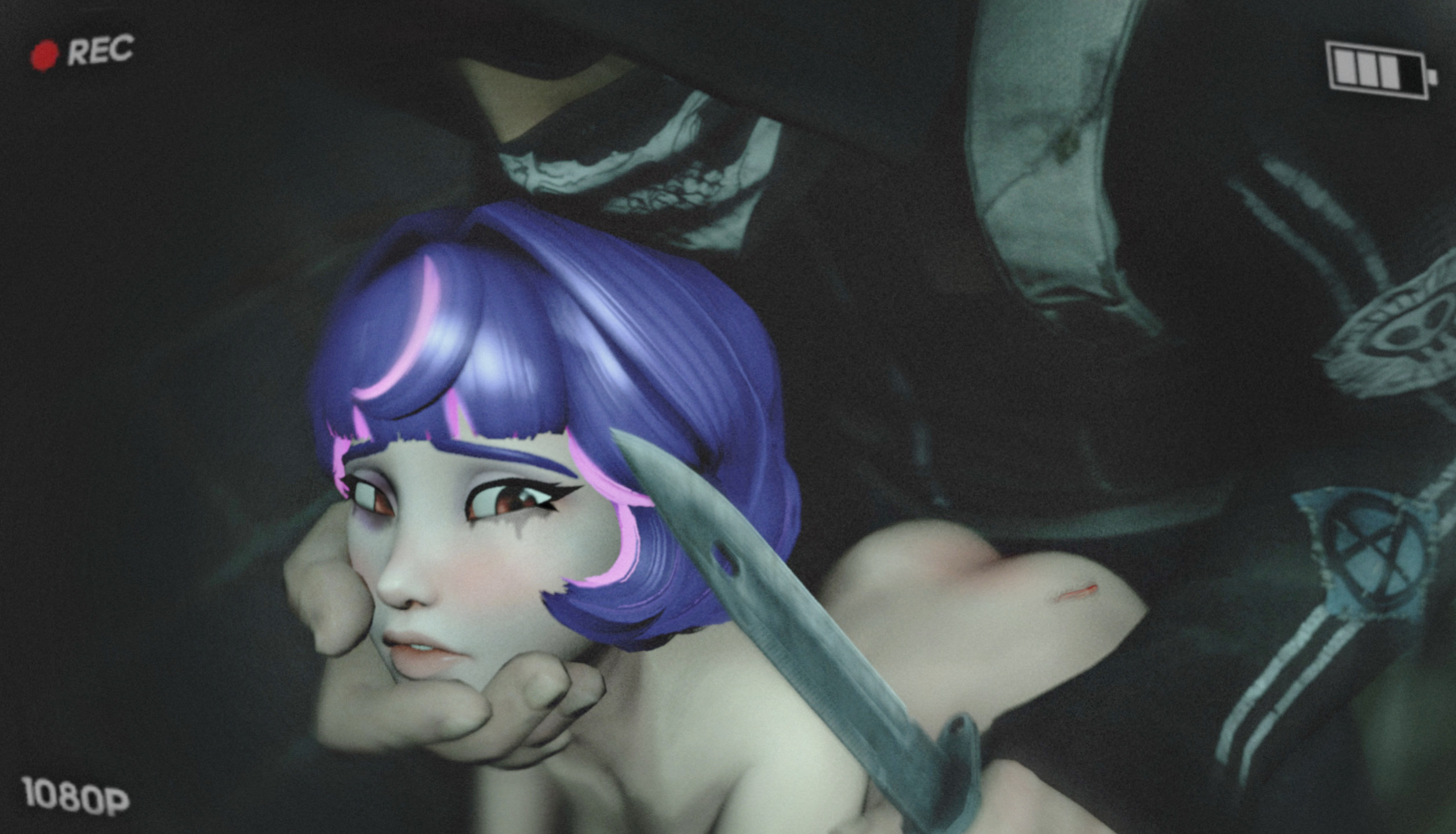 3d, alley, alleyway, anarchy symbol, bruise, bruised, bruised eye, captured, counter-strike (series), counter-strike: global offensive, crying, forced, juno (overwatch), knife, knifepoint, mascara, necrogoblin9, overwatch, pain, rape, raped, raped by enemy, recording, runny makeup, sfm, source filmmaker, vhs filter, violence
